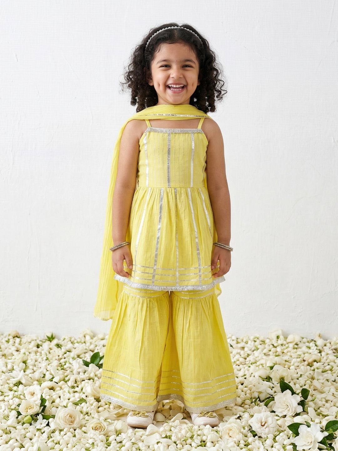 Yellow Lurex Work Sleeveless Cotton Kurti Sharara With Dupatta Set For Kids Girls