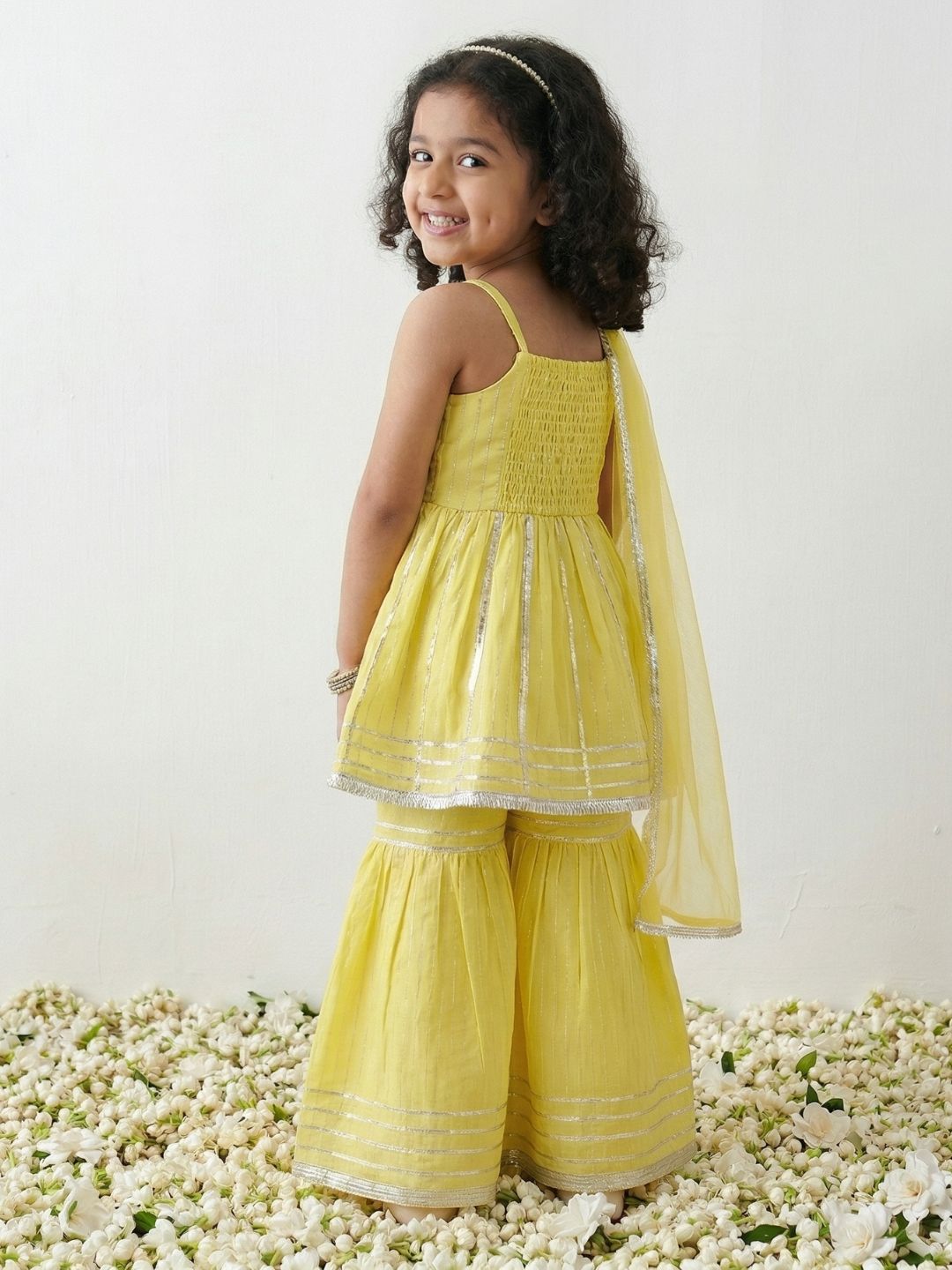 Yellow Lurex Work Sleeveless Cotton Kurti Sharara With Dupatta Set For Kids Girls