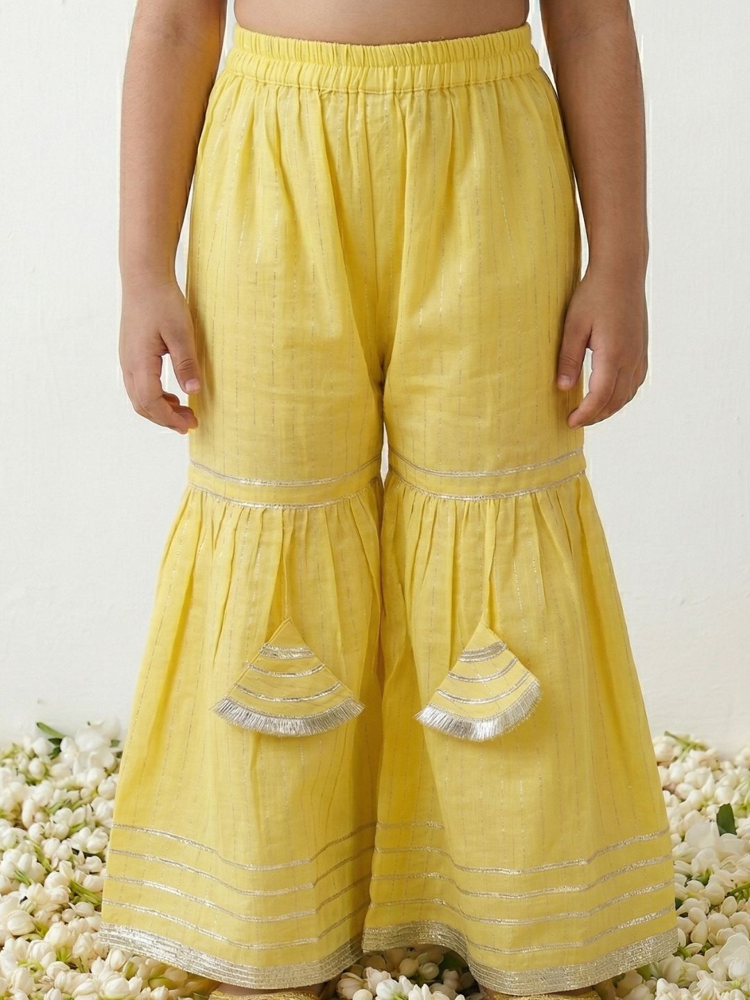 Yellow Lurex Work Sleeveless Cotton Kurti Sharara With Dupatta Set For Kids Girls