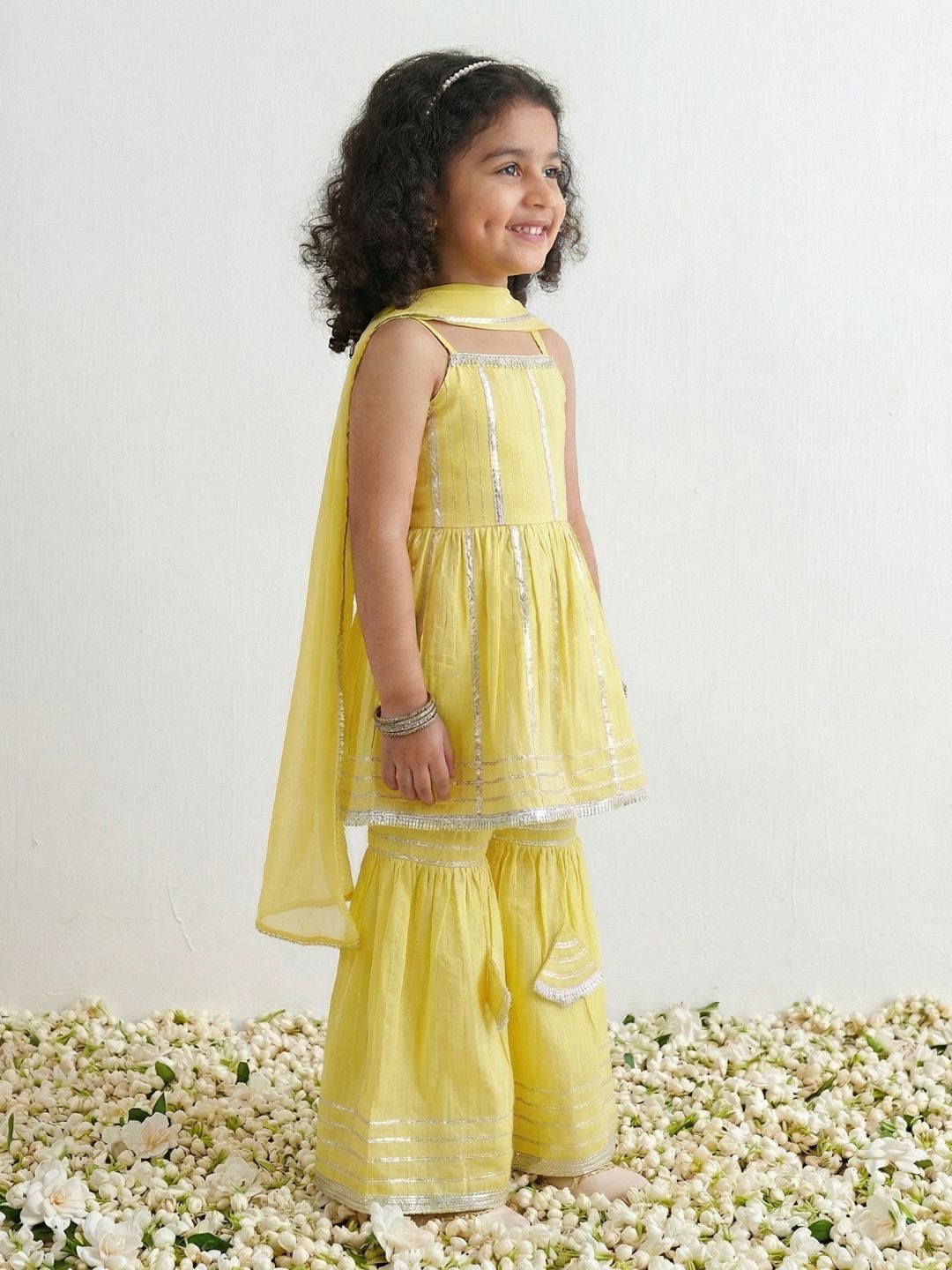 Yellow Lurex Work Sleeveless Cotton Kurti Sharara With Dupatta Set For Kids Girls