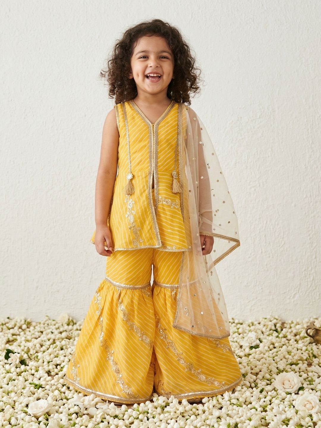 Yellow Sequins and Embroidery Georgette V Neck Kurti Sharara With Dupatta Set For Kids Girls