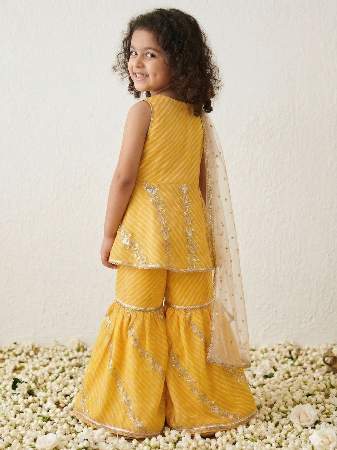 Yellow Sequins and Embroidery Georgette V Neck Kurti Sharara With Dupatta Set For Kids Girls