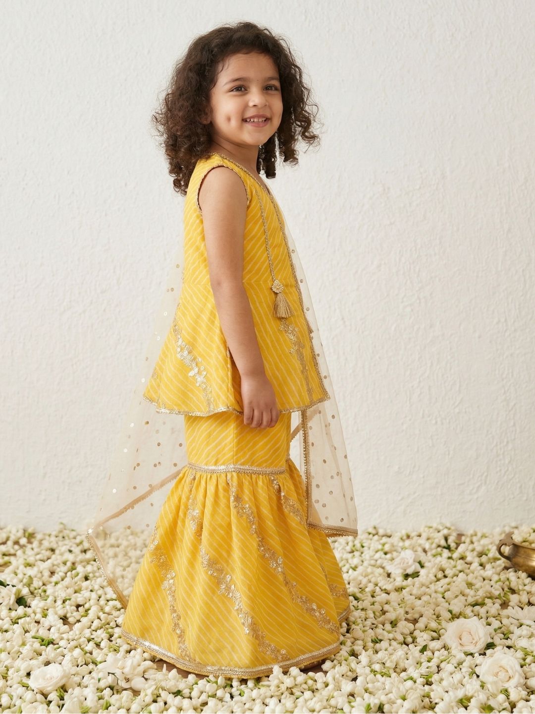 Yellow Sequins and Embroidery Georgette V Neck Kurti Sharara With Dupatta Set For Kids Girls
