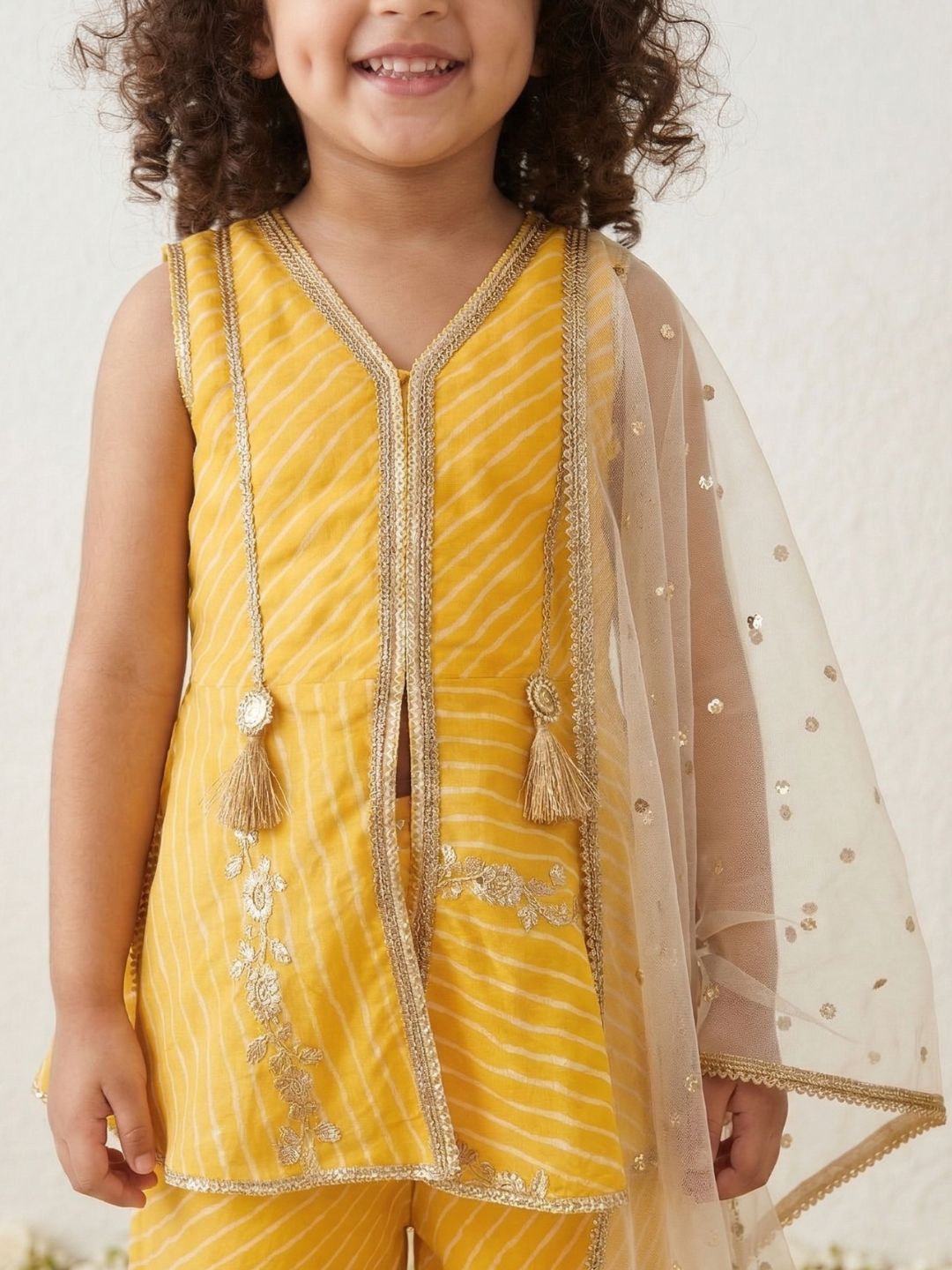 Yellow Sequins and Embroidery Georgette V Neck Kurti Sharara With Dupatta Set For Kids Girls