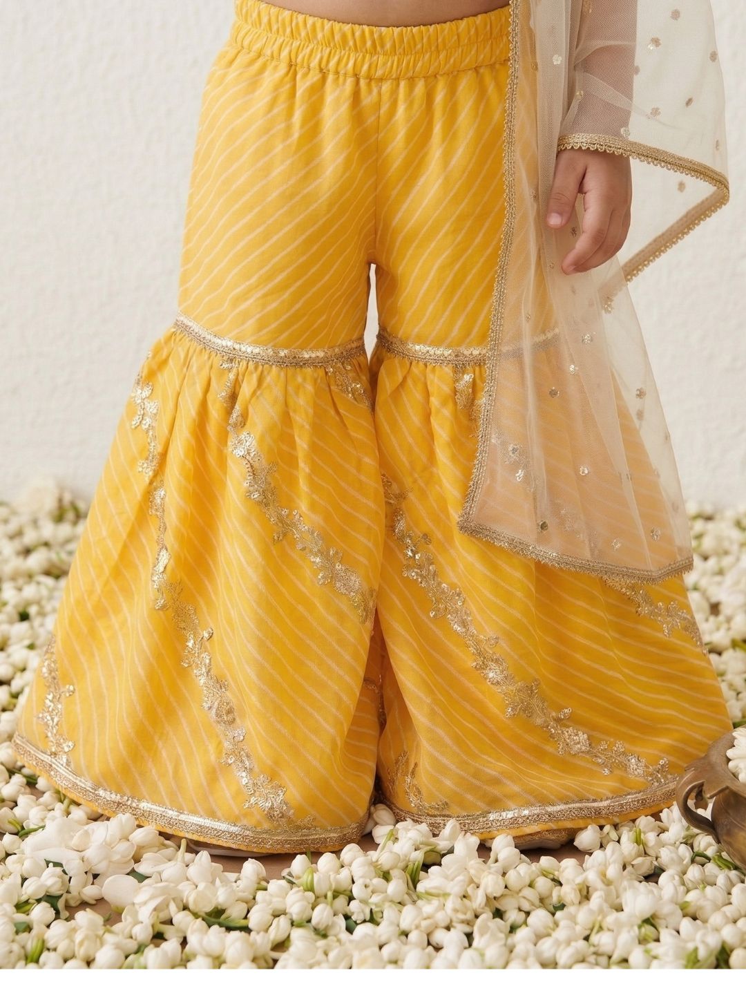 Yellow Sequins and Embroidery Georgette V Neck Kurti Sharara With Dupatta Set For Kids Girls