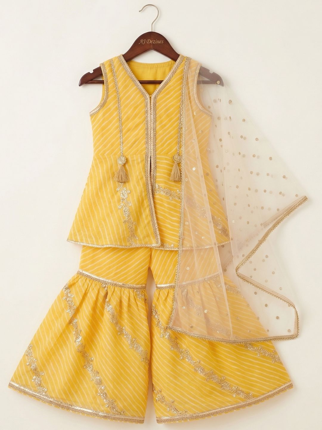Yellow Sequins and Embroidery Georgette V Neck Kurti Sharara With Dupatta Set For Kids Girls