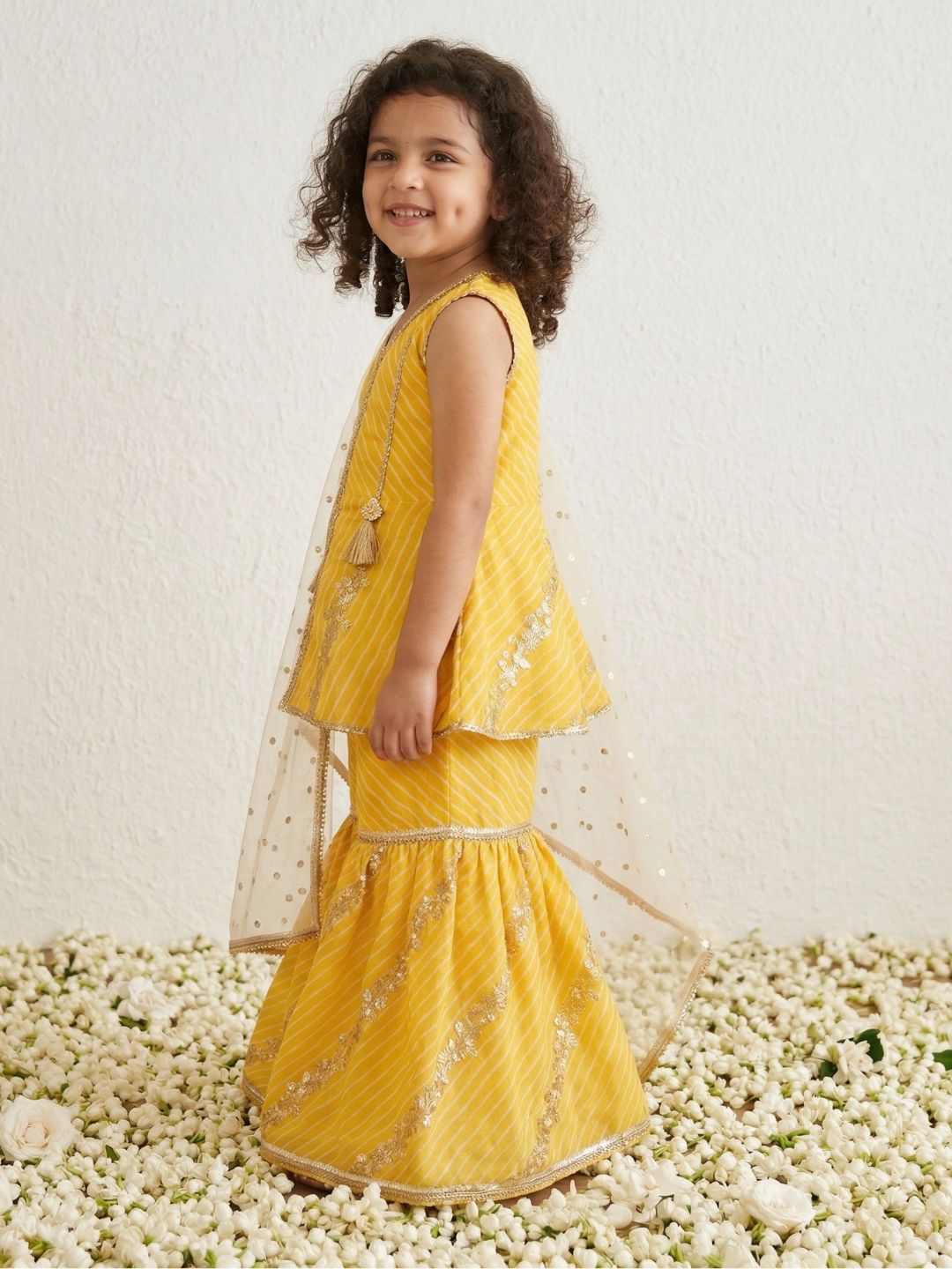 Yellow Sequins and Embroidery Georgette V Neck Kurti Sharara With Dupatta Set For Kids Girls
