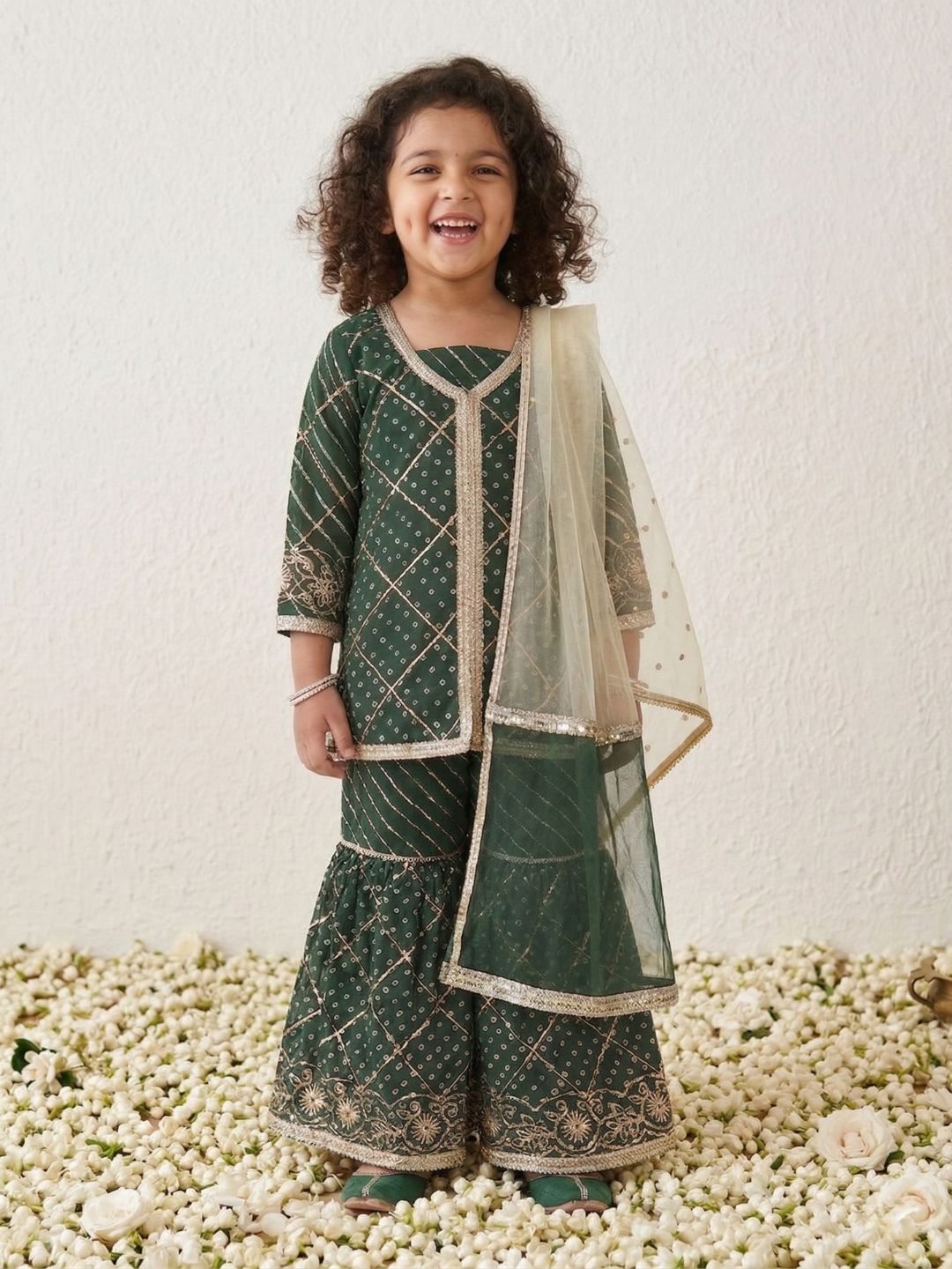 Green Sequins and Embroidery Georgette Girls Suit Set For Girls