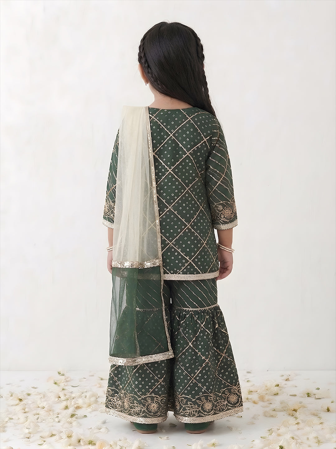 Green Sequins and Embroidery Georgette Girls Suit Set For Girls