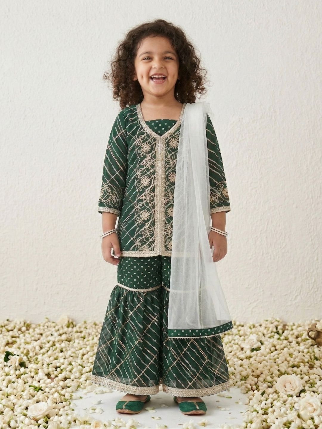 AJ Dezines Green V-Neck Georgette Girls Suit Set