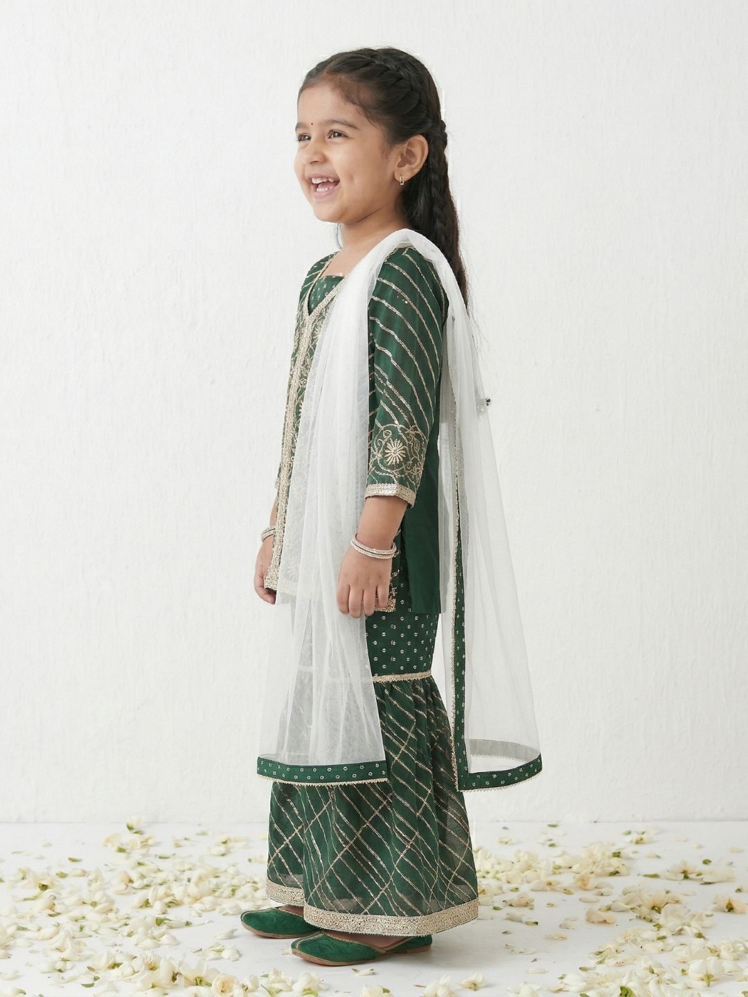AJ Dezines Green V-Neck Georgette Girls Suit Set
