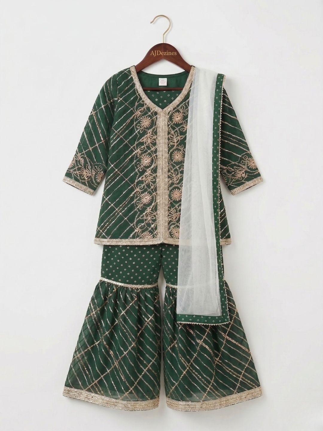 AJ Dezines Green V-Neck Georgette Girls Suit Set