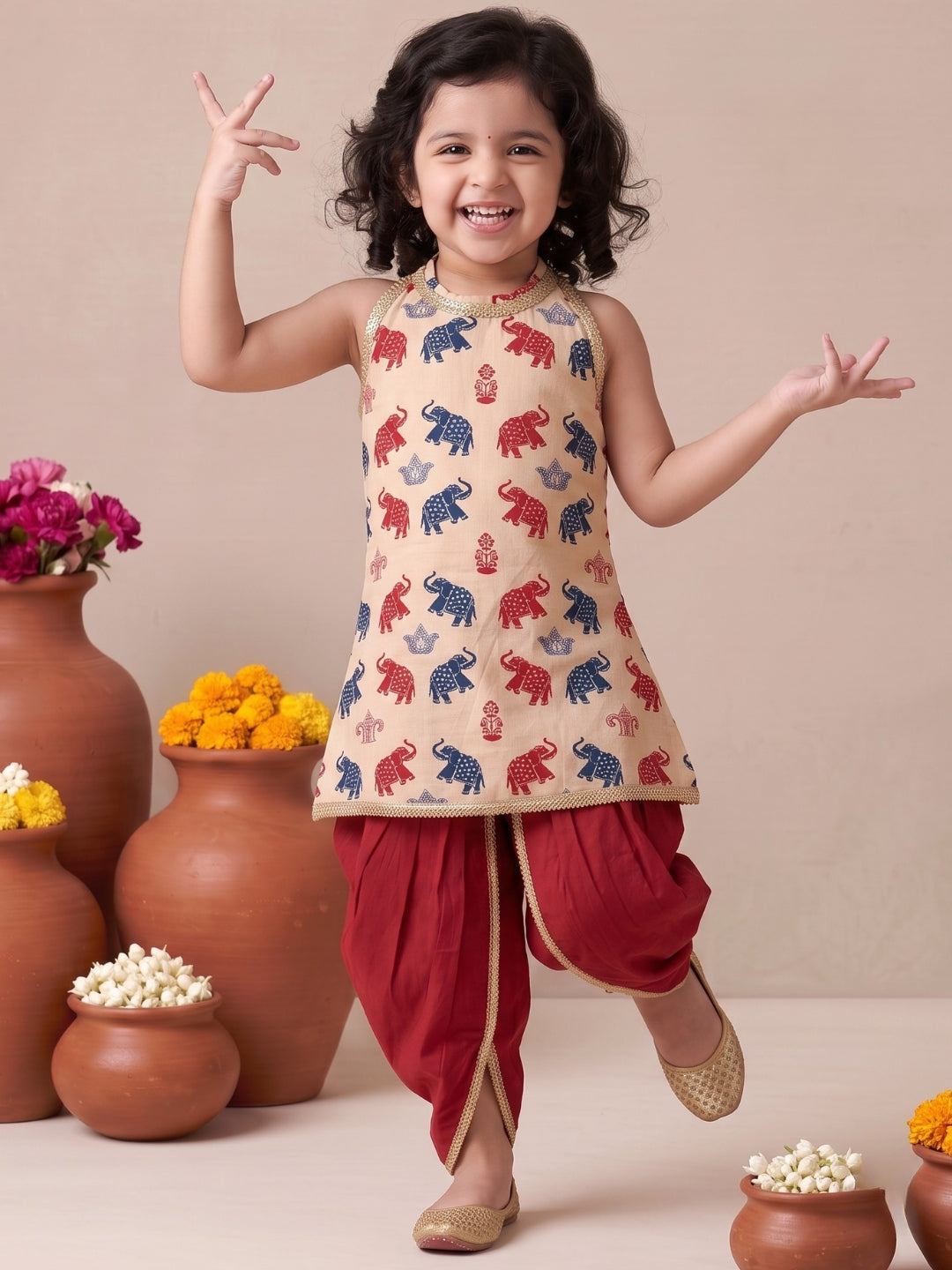 Beige Elephant Print Cotton Kurti and Dhoti Set For Girls
