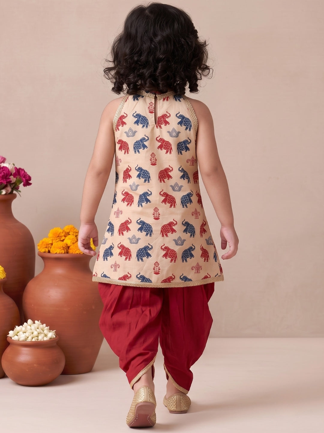 Beige Elephant Print Cotton Kurti and Dhoti Set For Girls