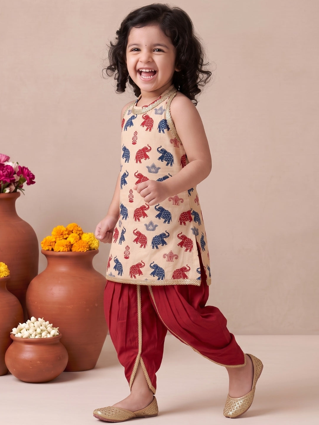 Beige Elephant Print Cotton Kurti and Dhoti Set For Girls