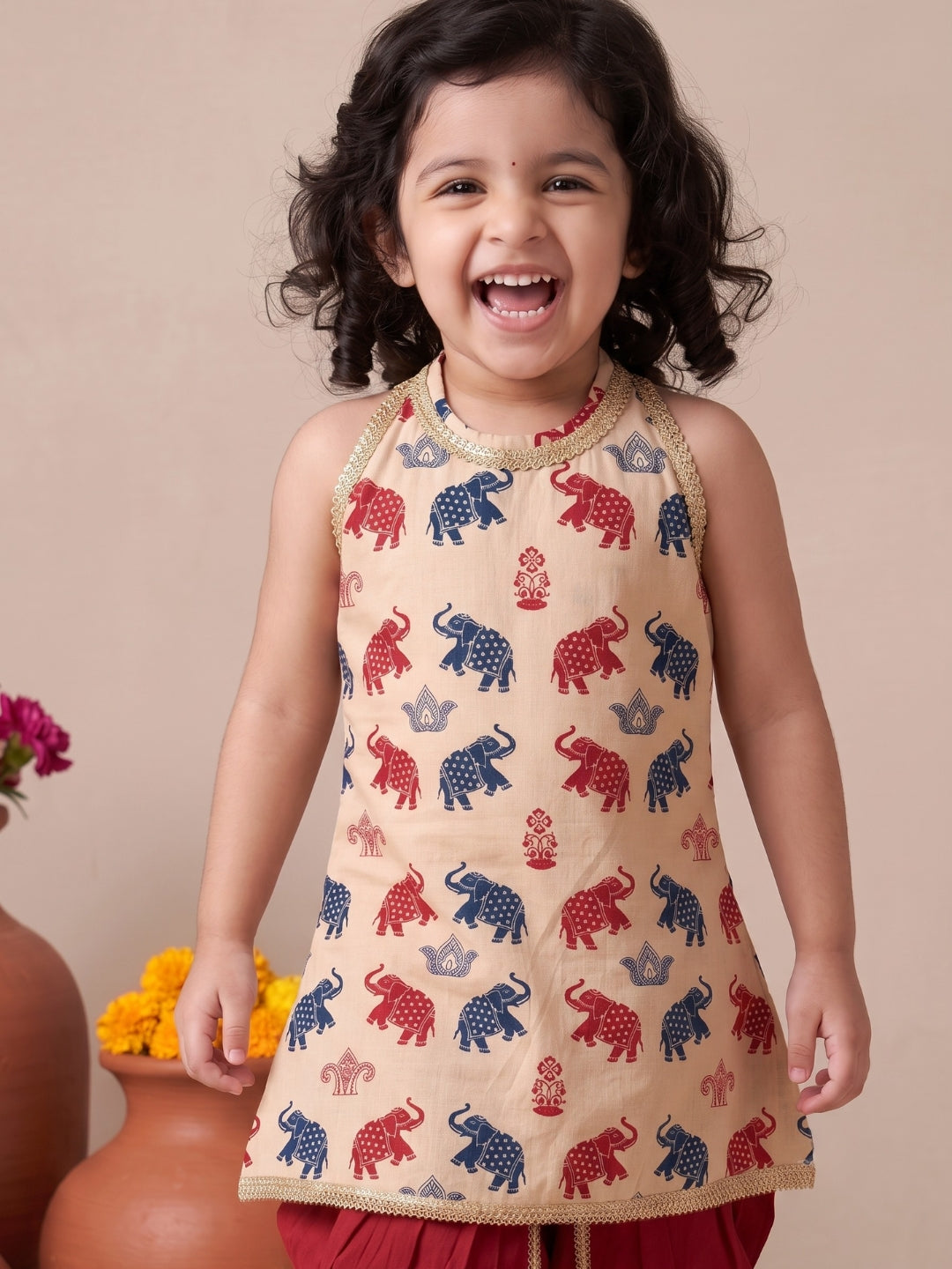 Beige Elephant Print Cotton Kurti and Dhoti Set For Girls