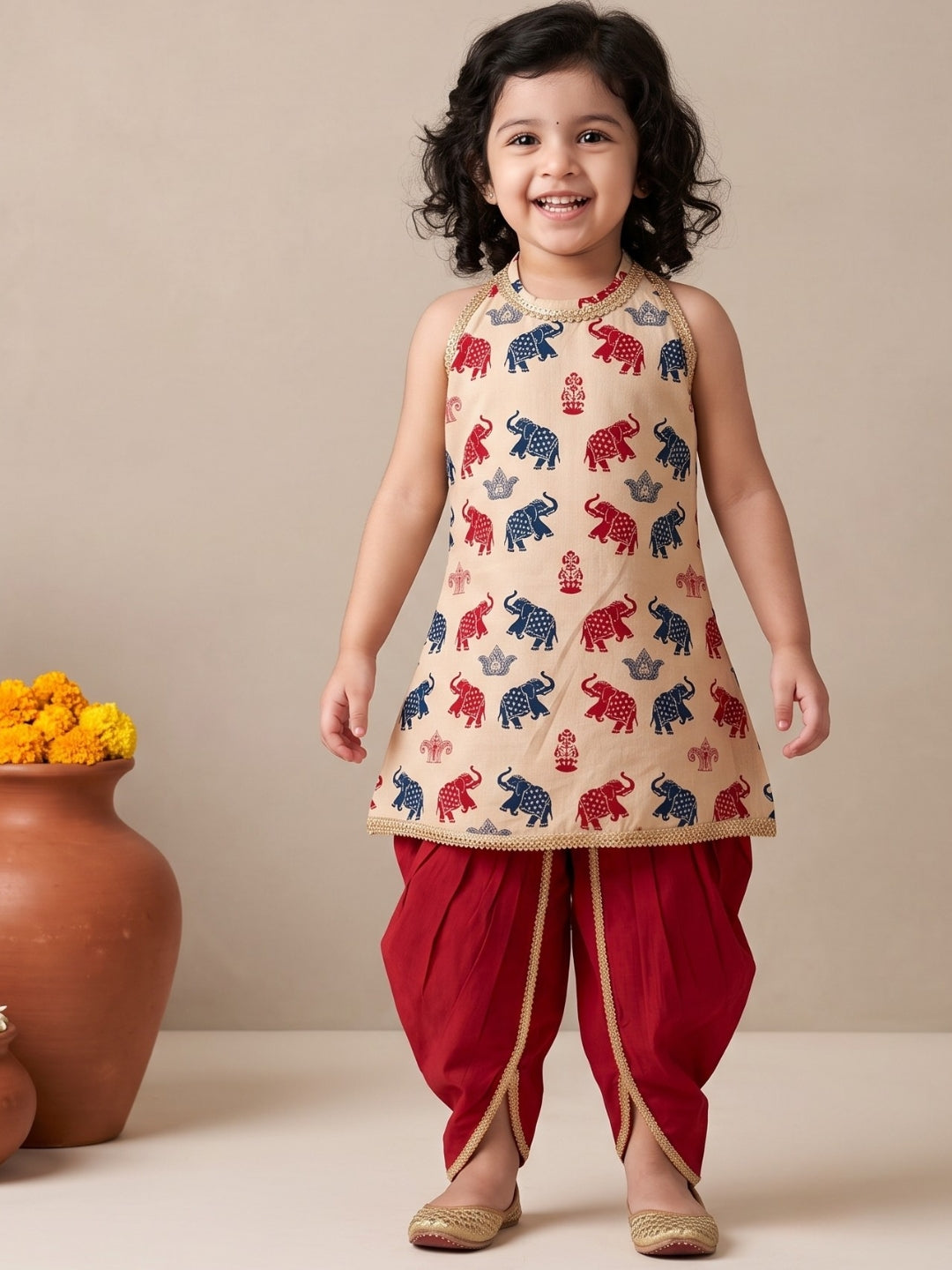 Beige Elephant Print Cotton Kurti and Dhoti Set For Girls