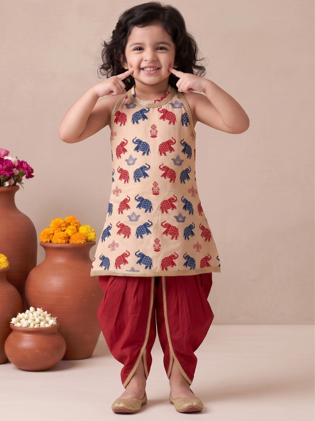 Beige Elephant Print Cotton Kurti and Dhoti Set For Girls