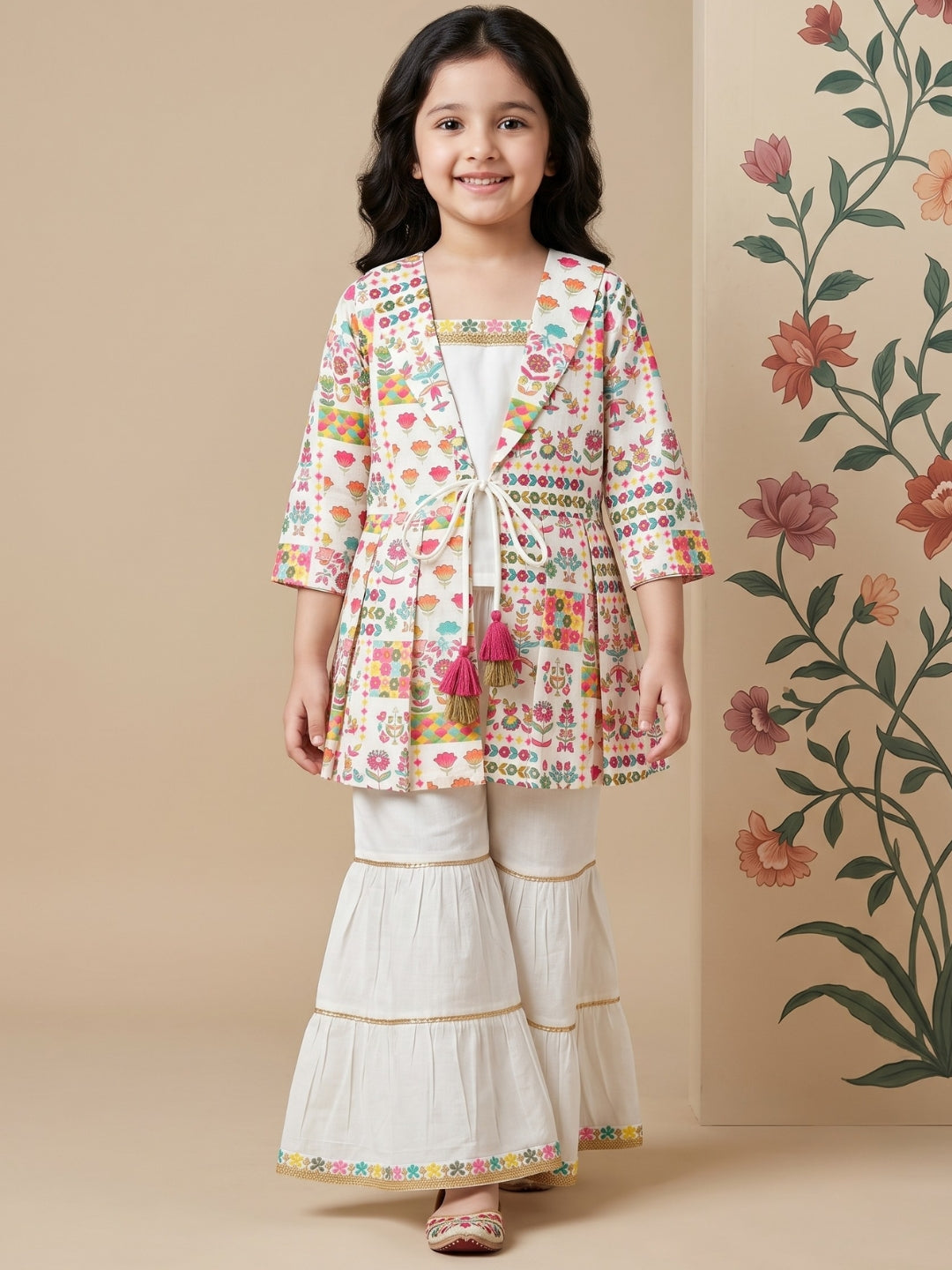 Multi Color Printed and Embroidered Cotton Kurti and Sharara Set For Girls