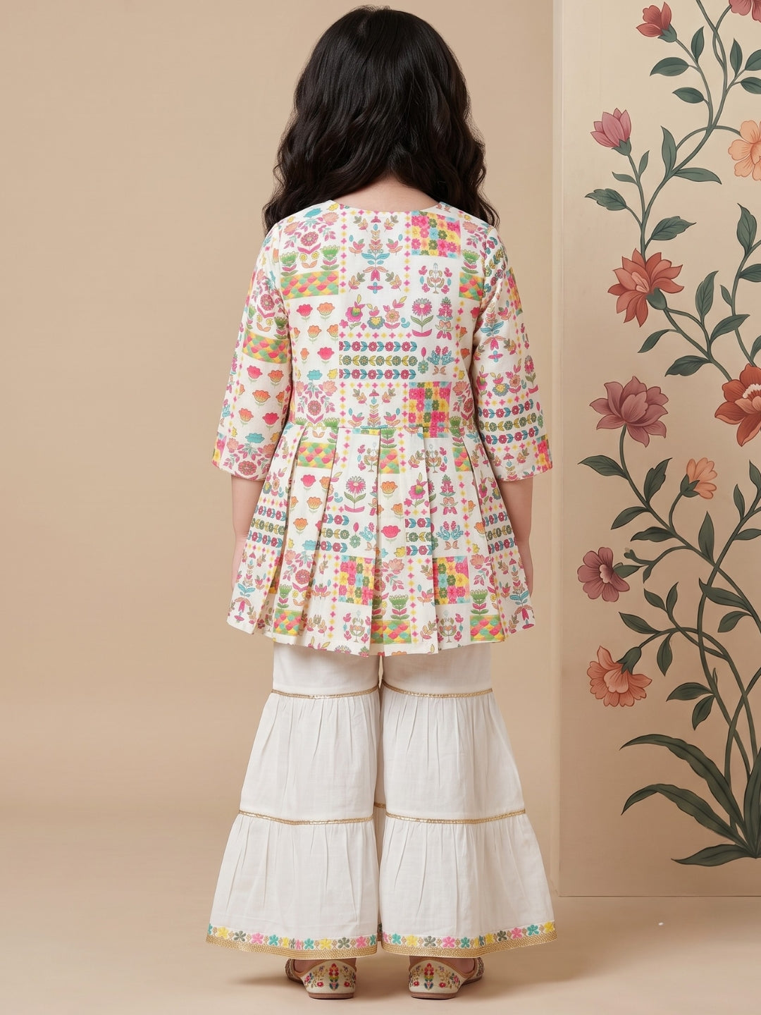 Multi Color Printed and Embroidered Cotton Kurti and Sharara Set For Girls