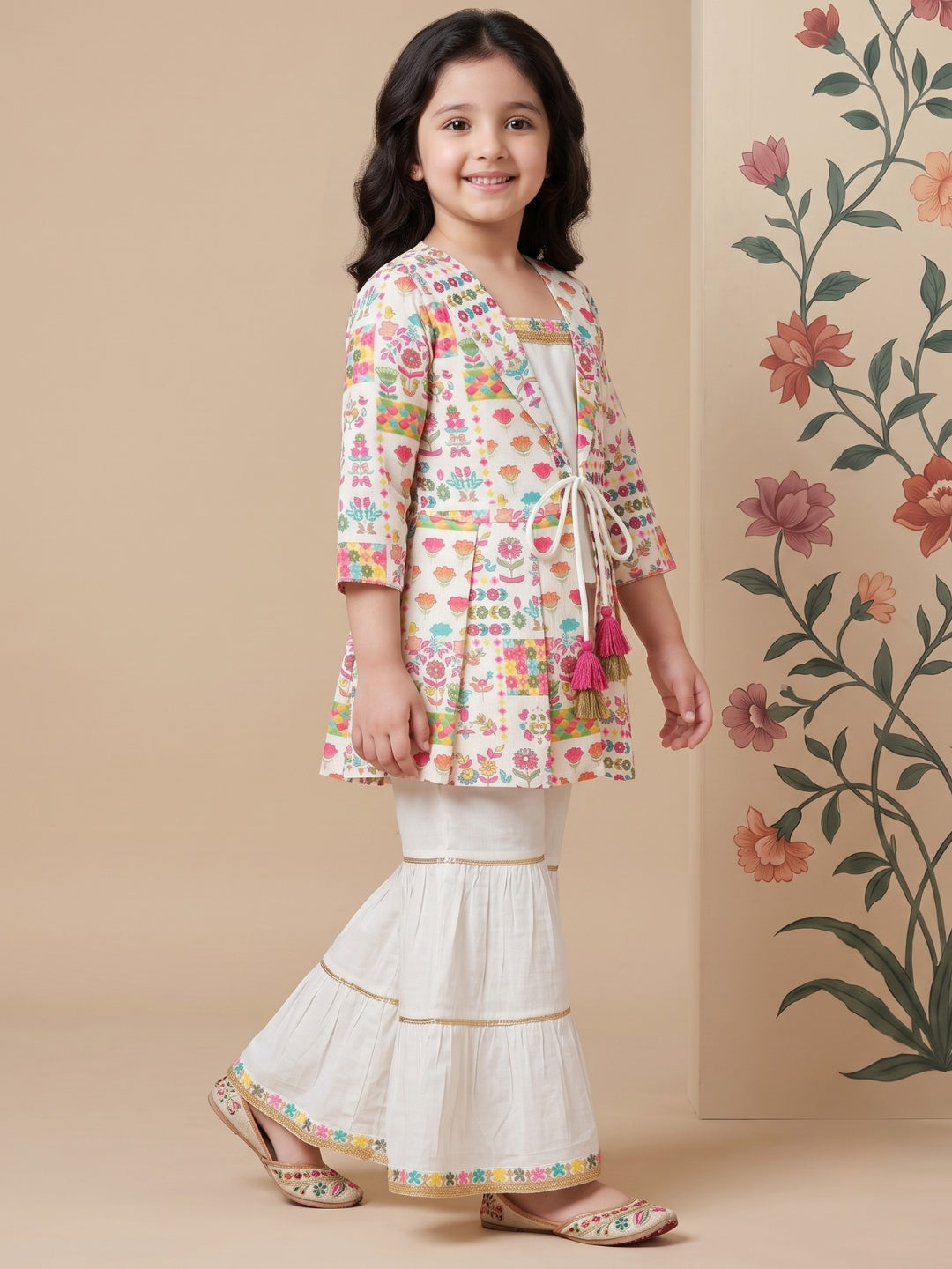 Multi Color Printed and Embroidered Cotton Kurti and Sharara Set For Girls