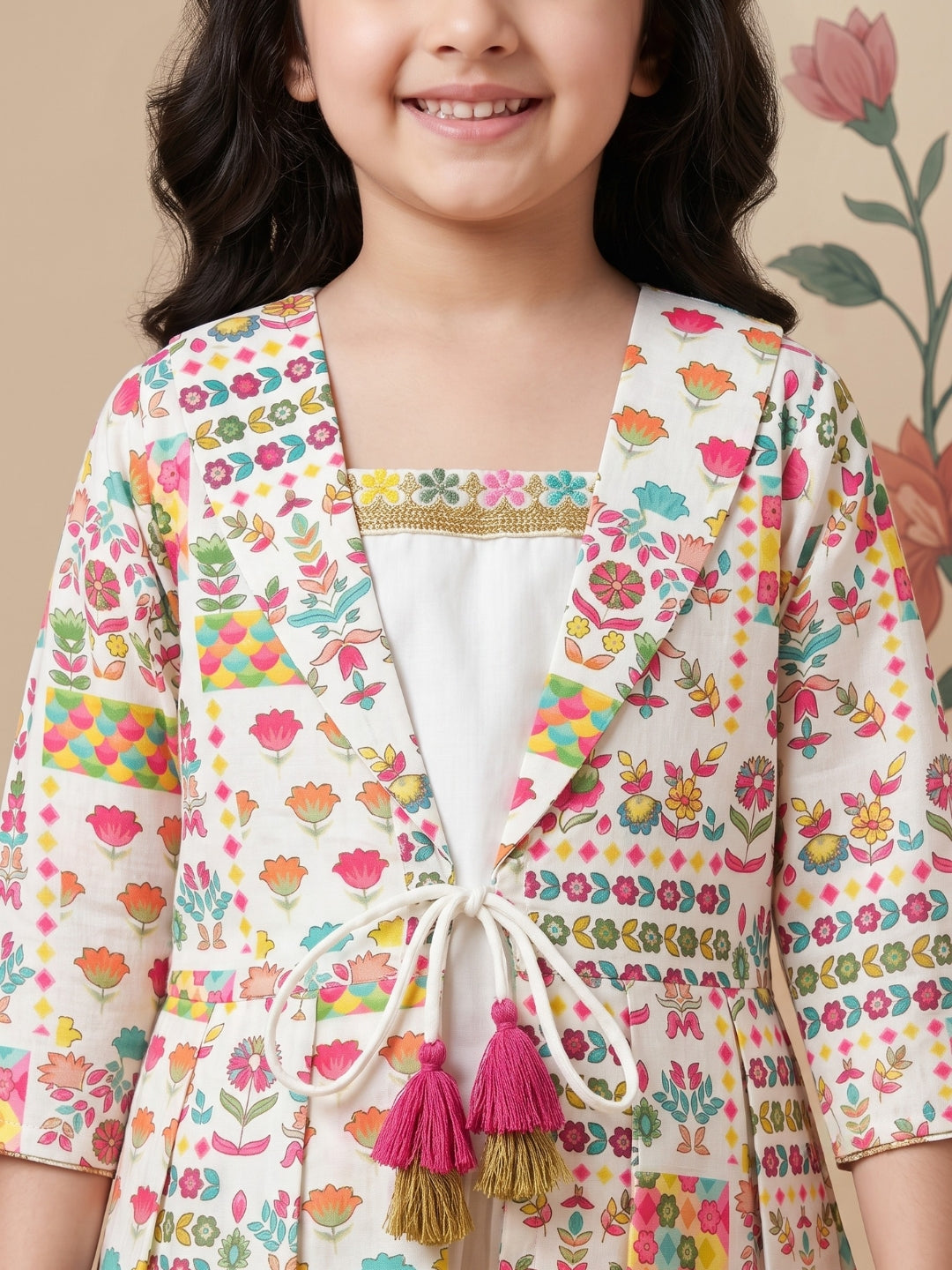 Multi Color Printed and Embroidered Cotton Kurti and Sharara Set For Girls