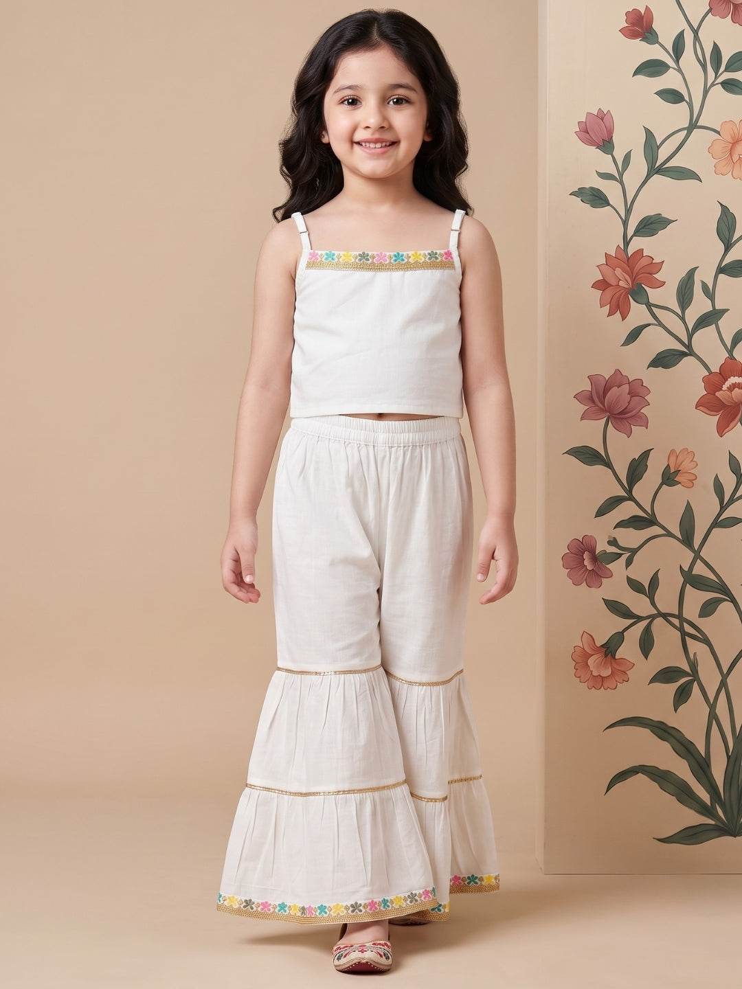 Multi Color Printed and Embroidered Cotton Kurti and Sharara Set For Girls