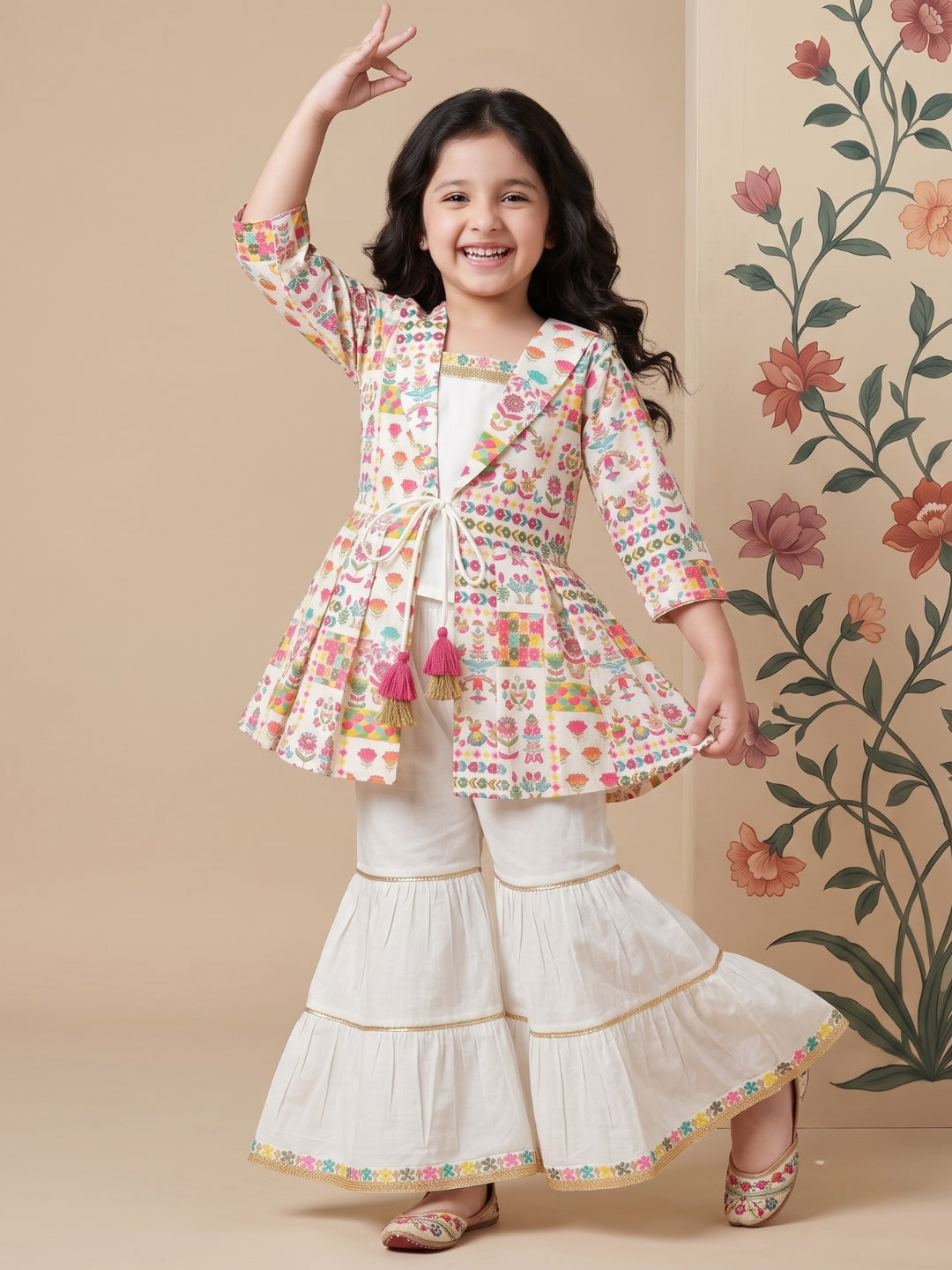 Multi Color Printed and Embroidered Cotton Kurti and Sharara Set For Girls