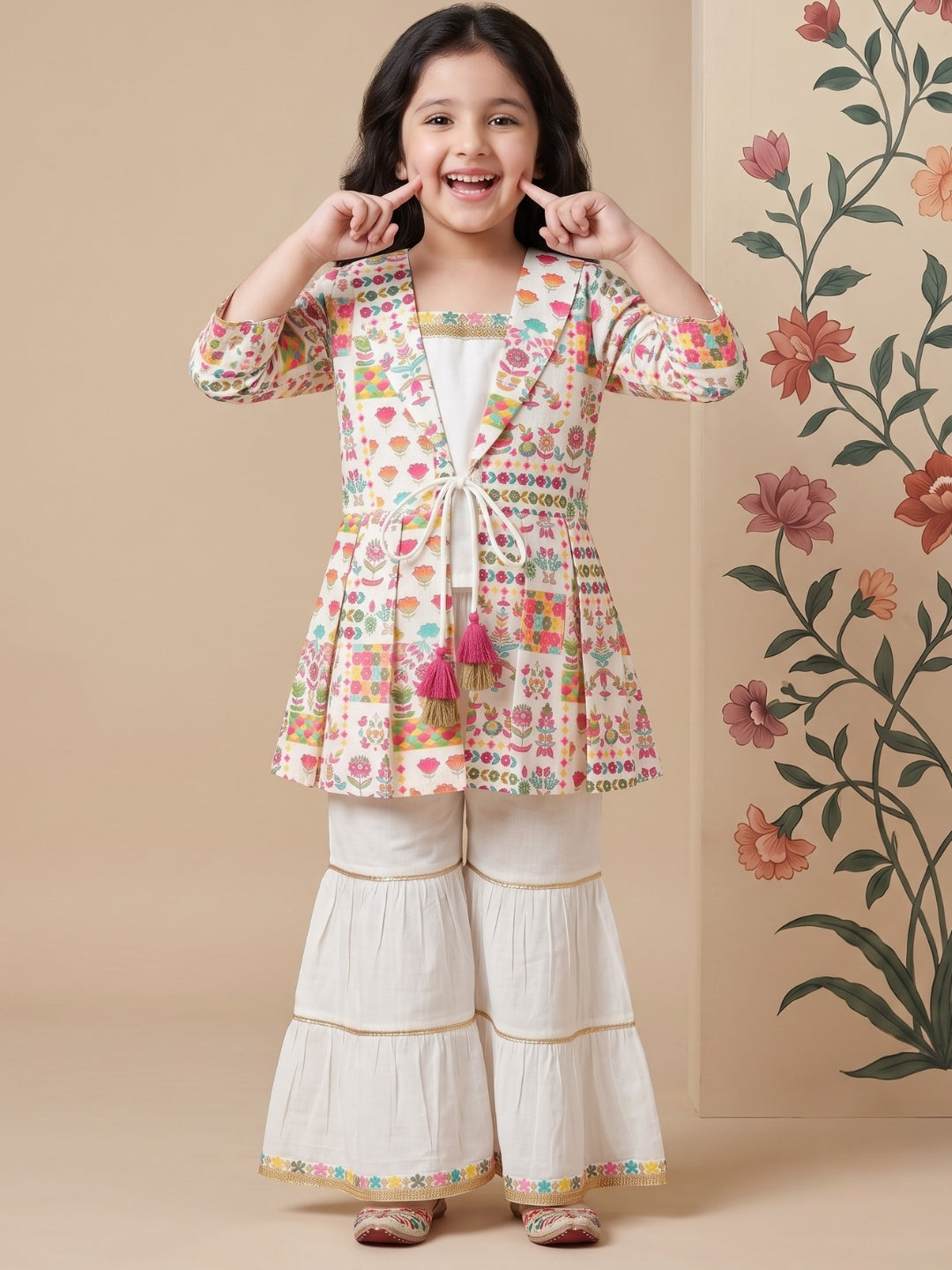 Multi Color Printed and Embroidered Cotton Kurti and Sharara Set For Girls