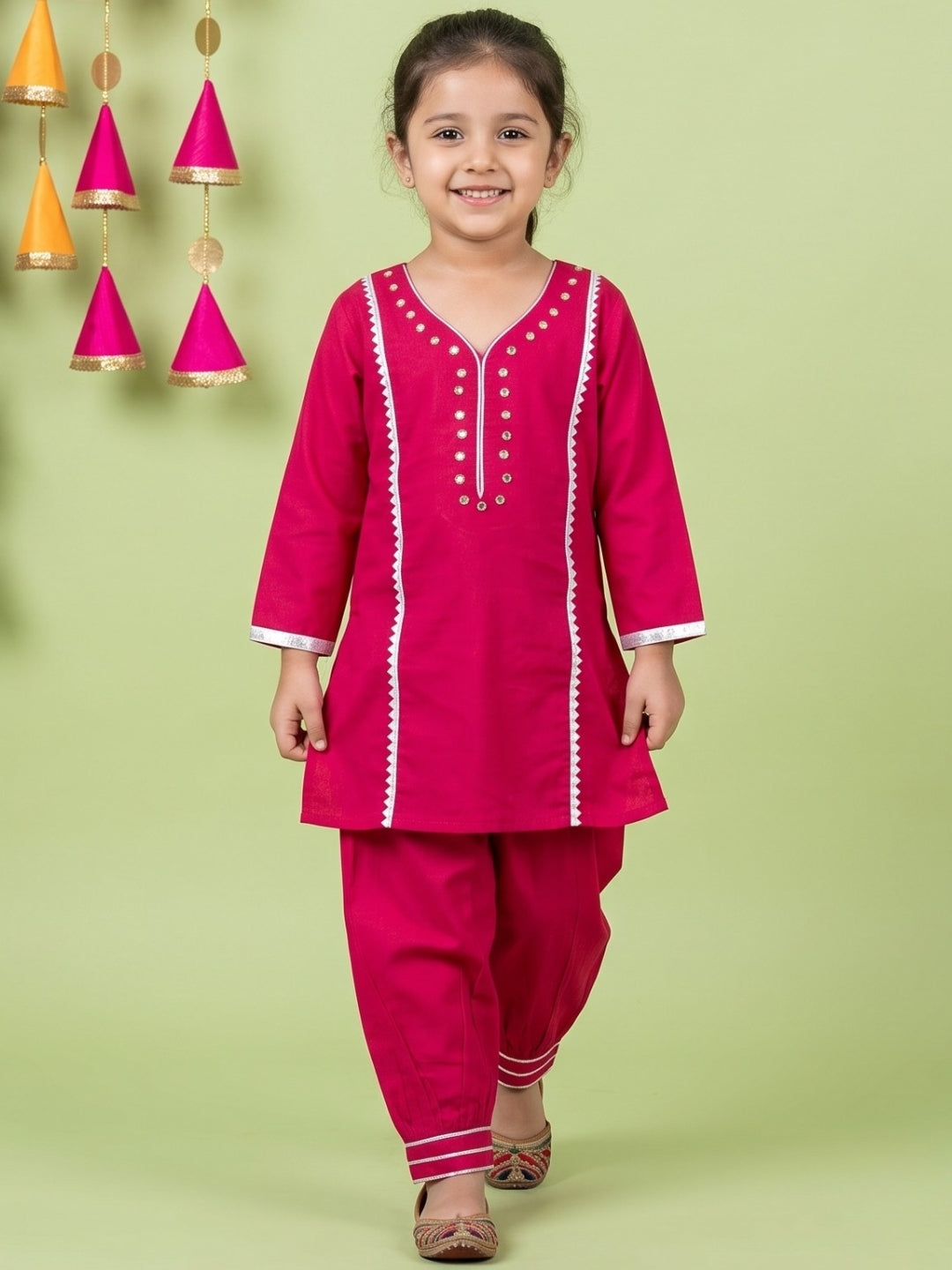 Pink Neckline Mirror Embroidery With Gota Work Pure Cotton Suit Set For Girls