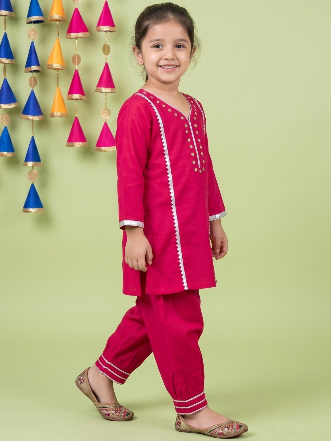 Pink Neckline Mirror Embroidery With Gota Work Pure Cotton Suit Set For Girls