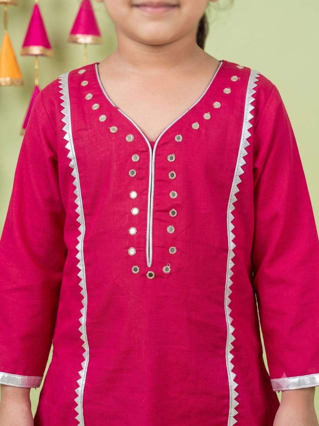 Pink Neckline Mirror Embroidery With Gota Work Pure Cotton Suit Set For Girls