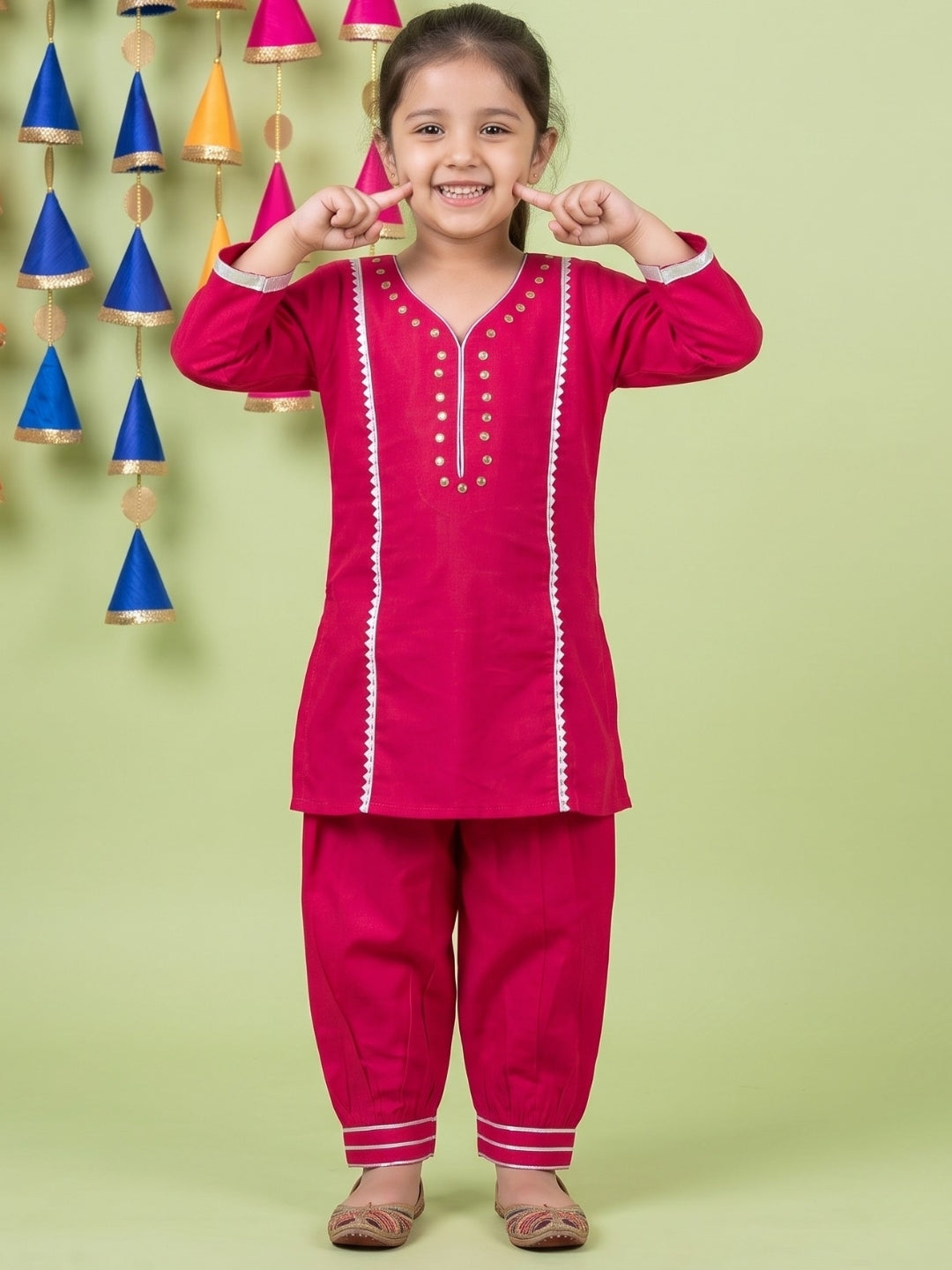 Pink Neckline Mirror Embroidery With Gota Work Pure Cotton Suit Set For Girls