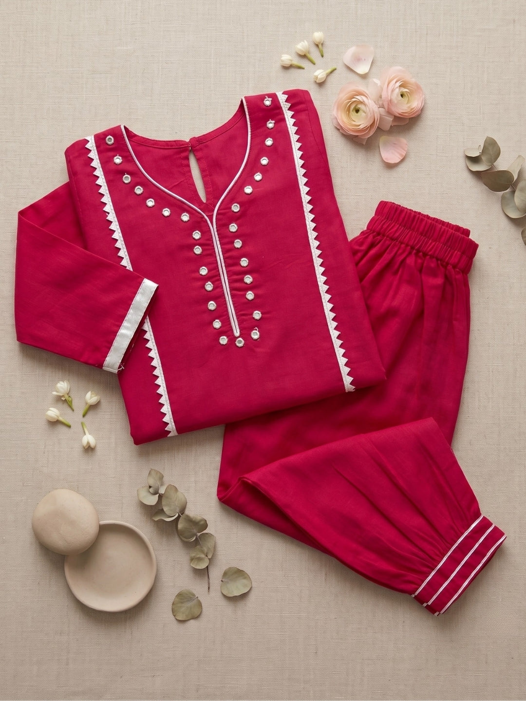 Pink Neckline Mirror Embroidery With Gota Work Pure Cotton Suit Set For Girls