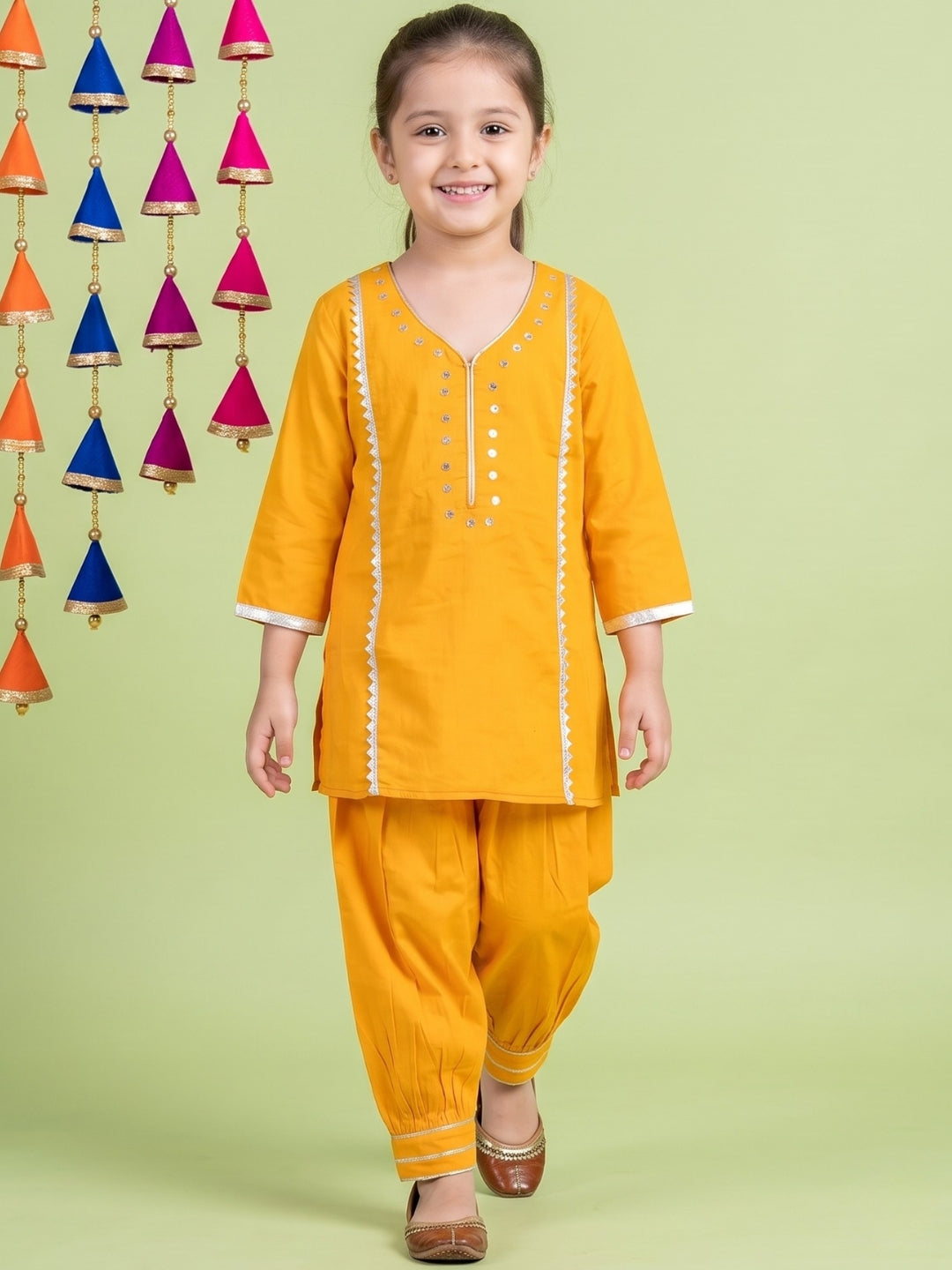 Yellow Neckline Mirror Embroidery With Gota Work Pure Cotton Suit Set For Girls