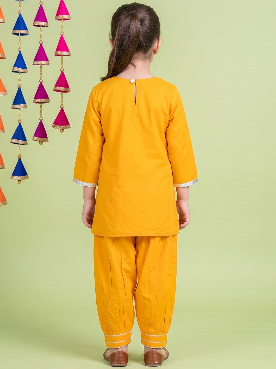 Yellow Neckline Mirror Embroidery With Gota Work Pure Cotton Suit Set For Girls