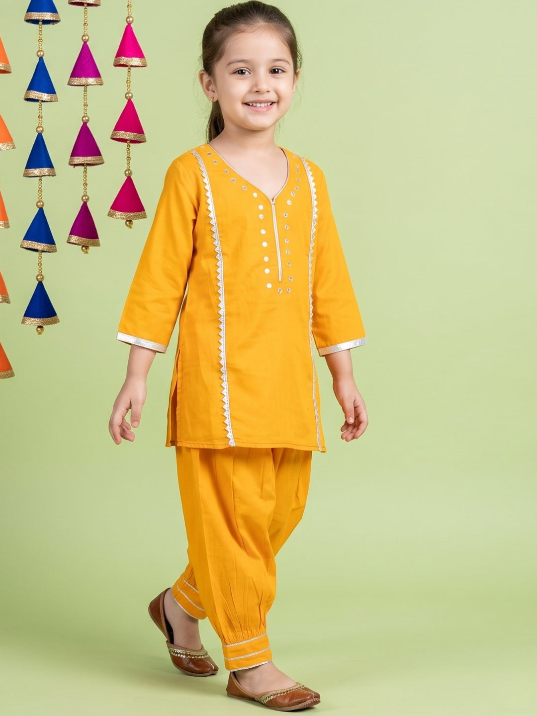 Yellow Neckline Mirror Embroidery With Gota Work Pure Cotton Suit Set For Girls