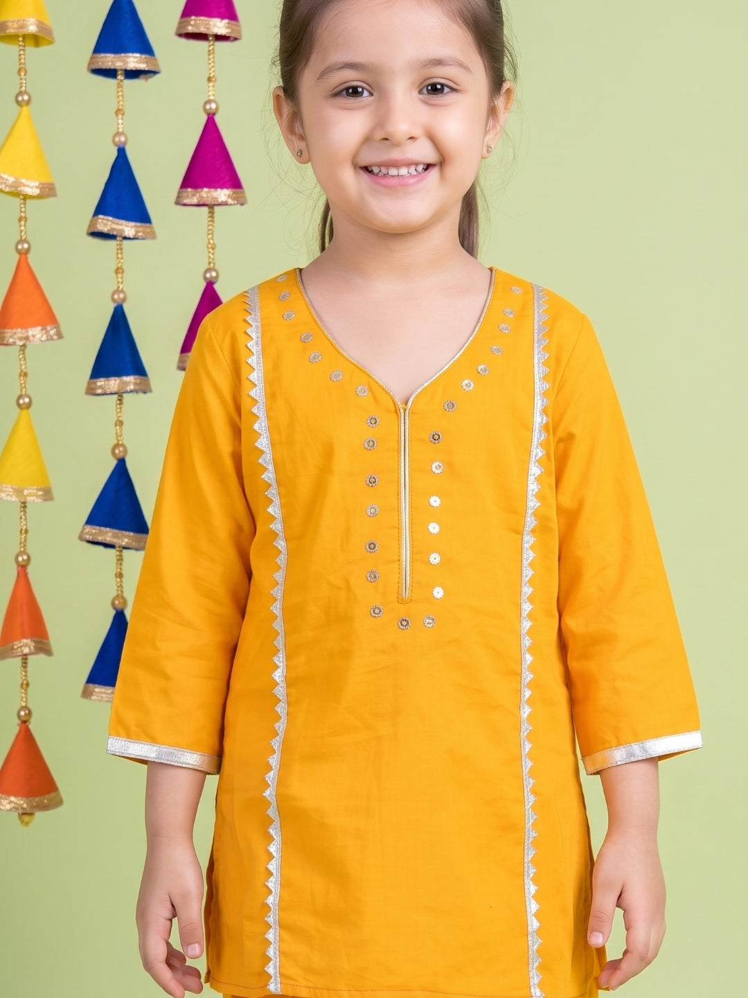 Yellow Neckline Mirror Embroidery With Gota Work Pure Cotton Suit Set For Girls
