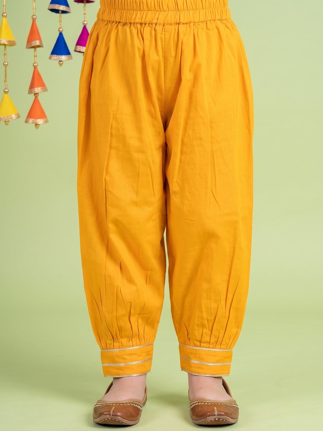 Yellow Neckline Mirror Embroidery With Gota Work Pure Cotton Suit Set For Girls