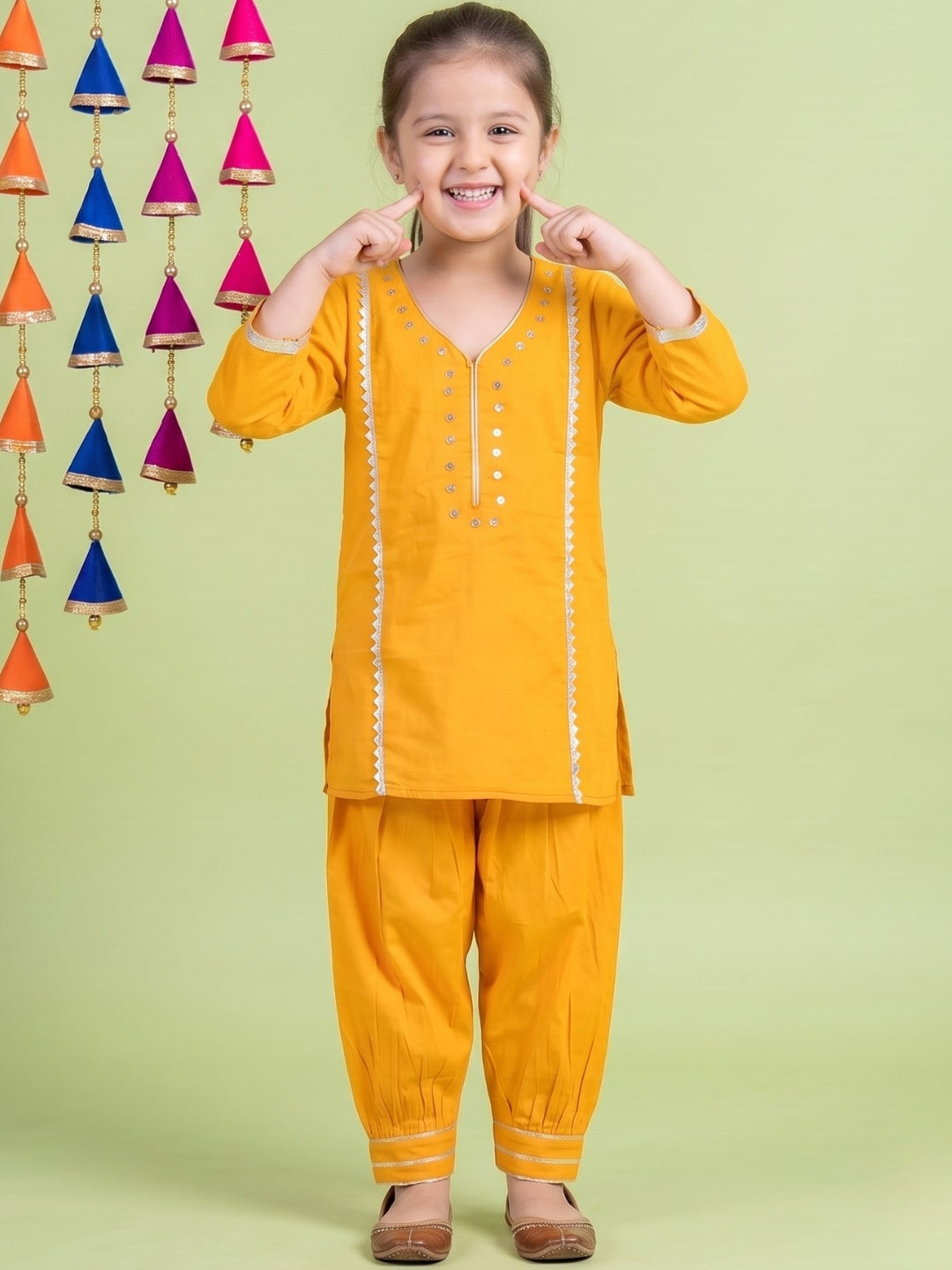 Yellow Neckline Mirror Embroidery With Gota Work Pure Cotton Suit Set For Girls
