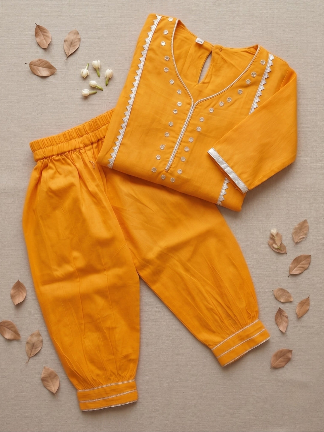 Yellow Neckline Mirror Embroidery With Gota Work Pure Cotton Suit Set For Girls