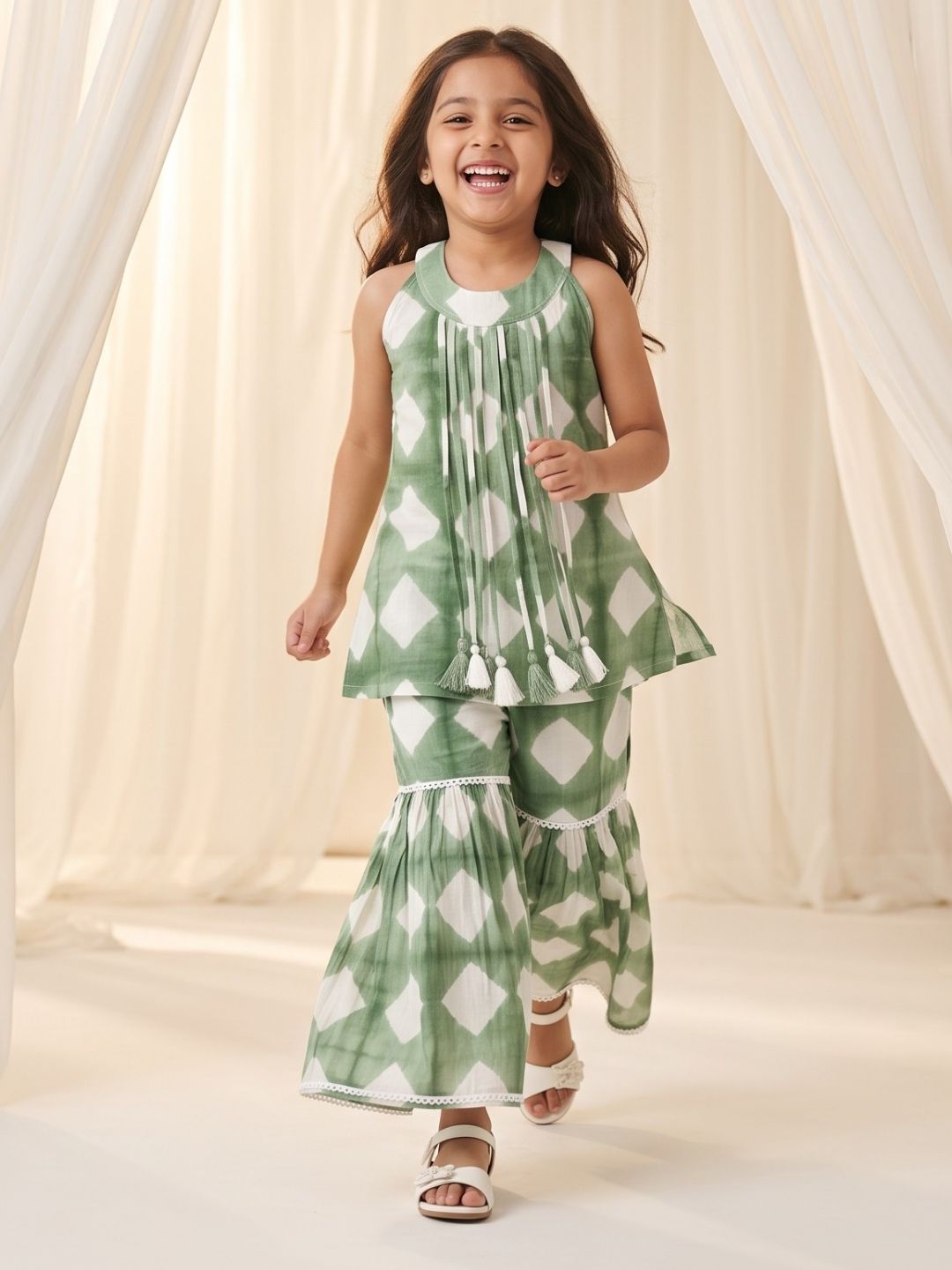 Green Shibori Print with Front Dori and Tassels Pure Cotton Girls Suit Set