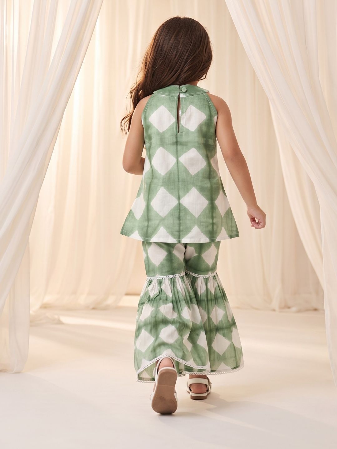 Green Shibori Print with Front Dori and Tassels Pure Cotton Girls Suit Set