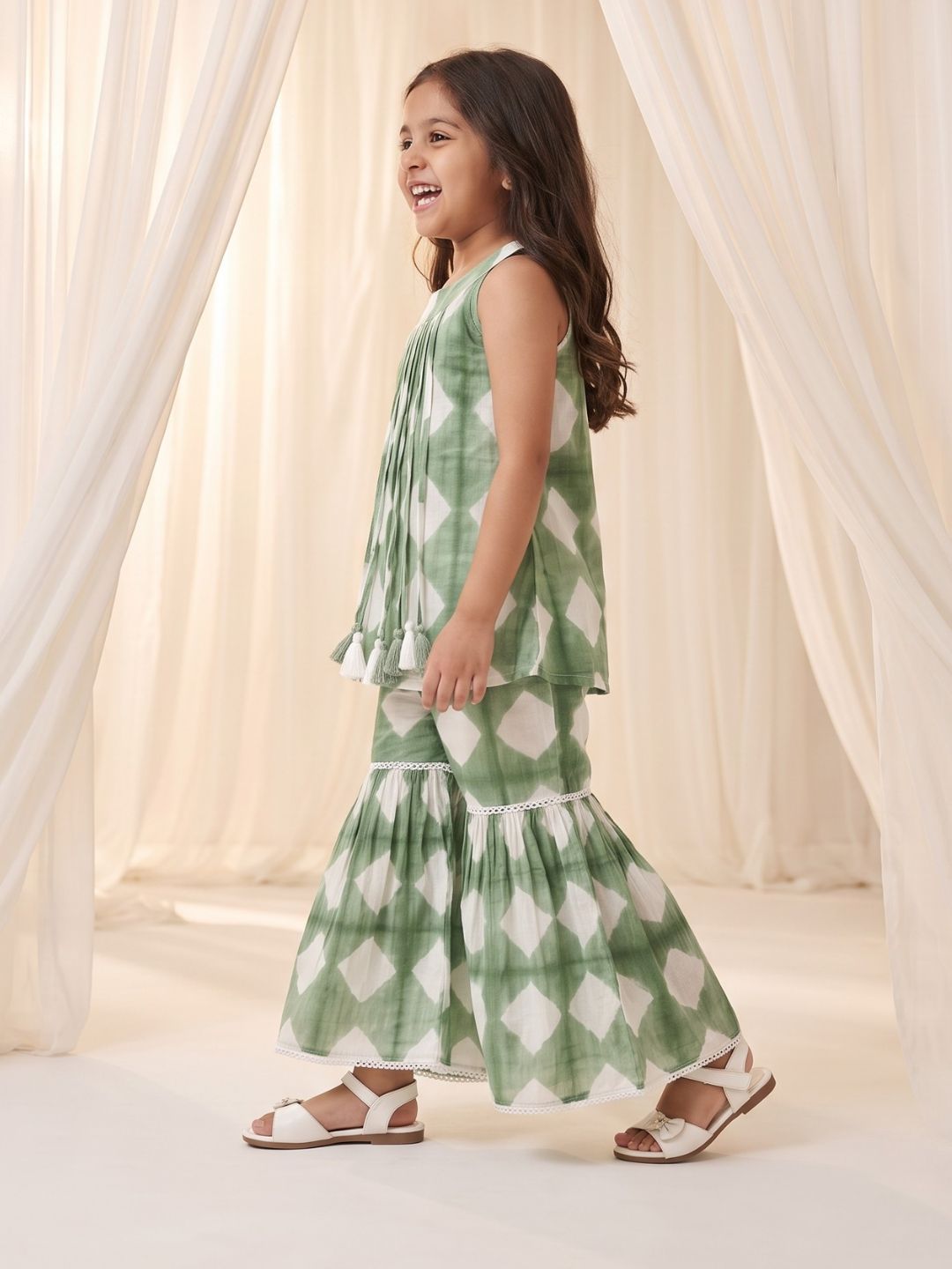 Green Shibori Print with Front Dori and Tassels Pure Cotton Girls Suit Set