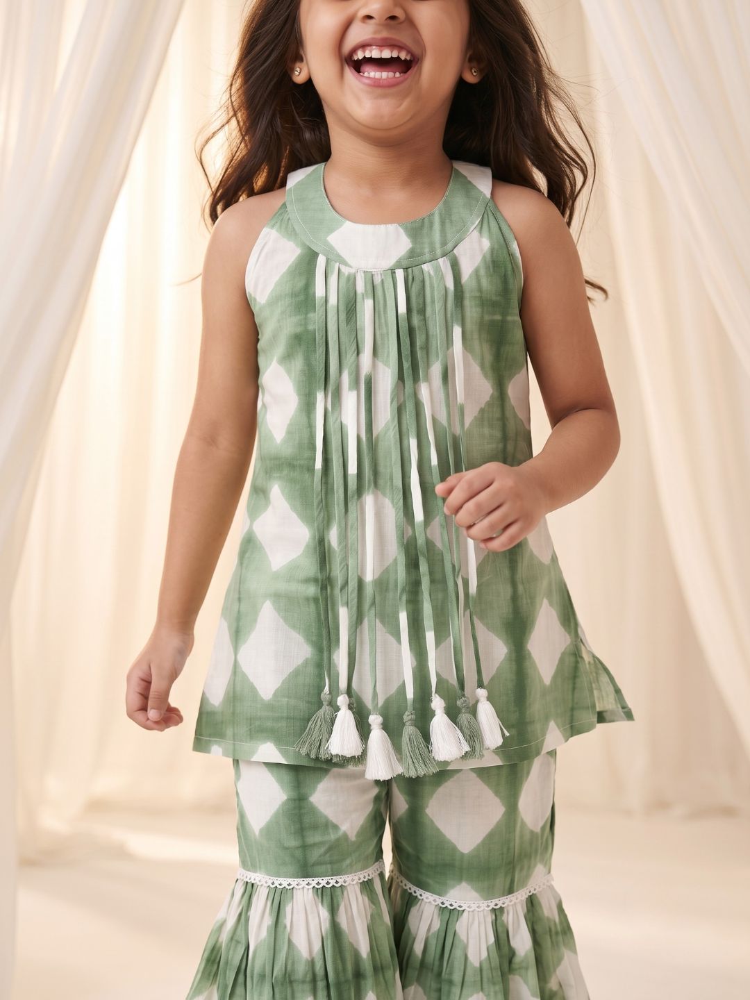 Green Shibori Print with Front Dori and Tassels Pure Cotton Girls Suit Set
