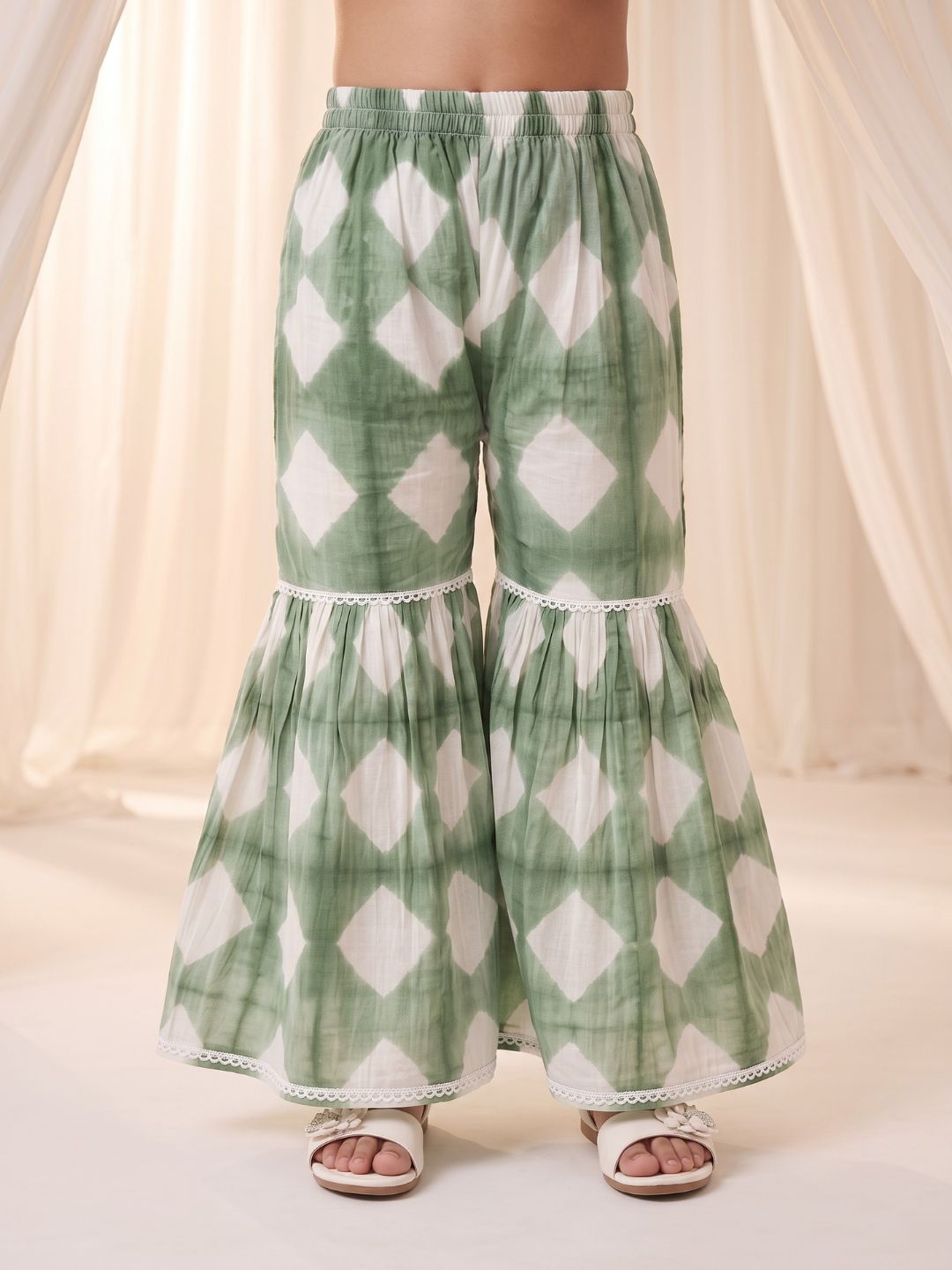 Green Shibori Print with Front Dori and Tassels Pure Cotton Girls Suit Set
