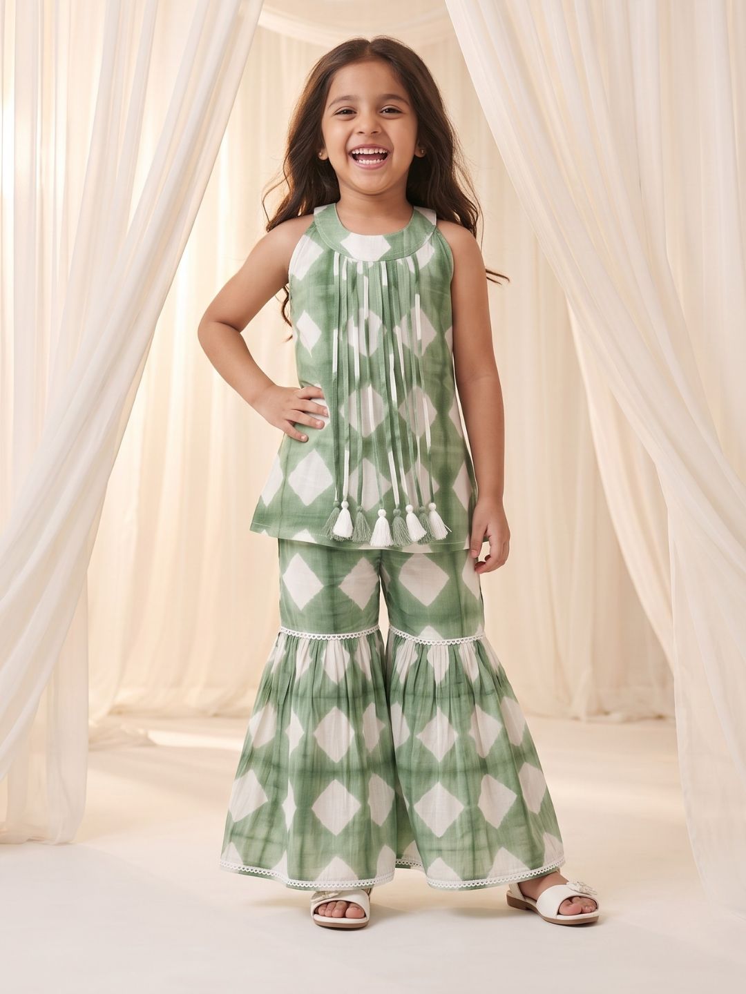 Green Shibori Print with Front Dori and Tassels Pure Cotton Girls Suit Set