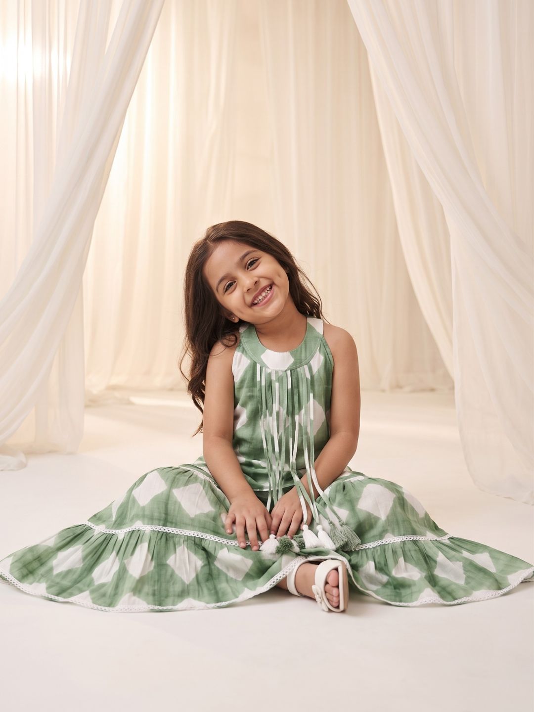 Green Shibori Print with Front Dori and Tassels Pure Cotton Girls Suit Set