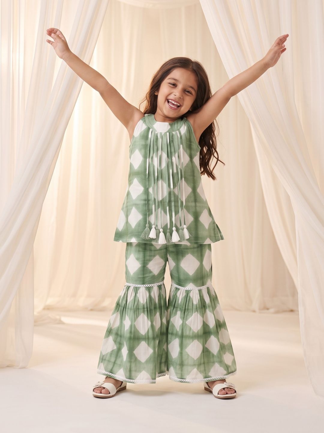 Green Shibori Print with Front Dori and Tassels Pure Cotton Girls Suit Set