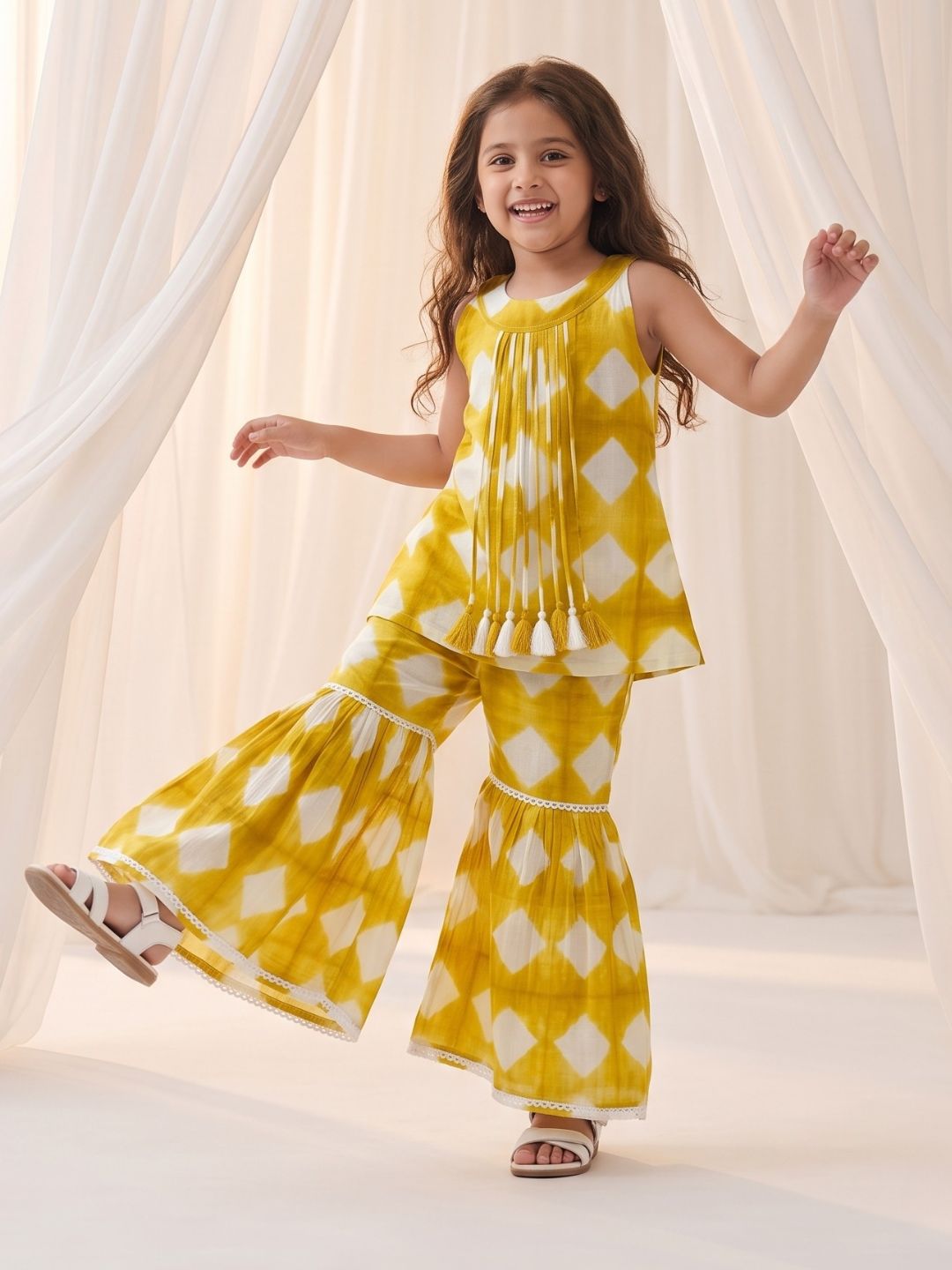 Mustard Shibori Print with Front Dori and Tassels Pure Cotton Girls Suit Set
